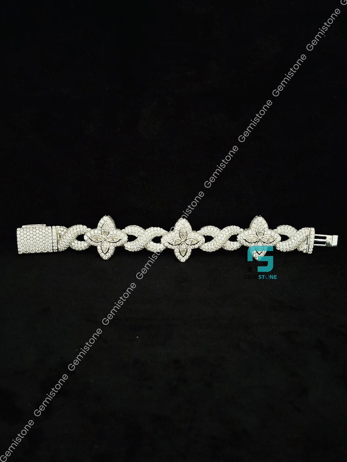 925 Silver 20MM White Marquise Iced Out Moissanite Clover Bracelet