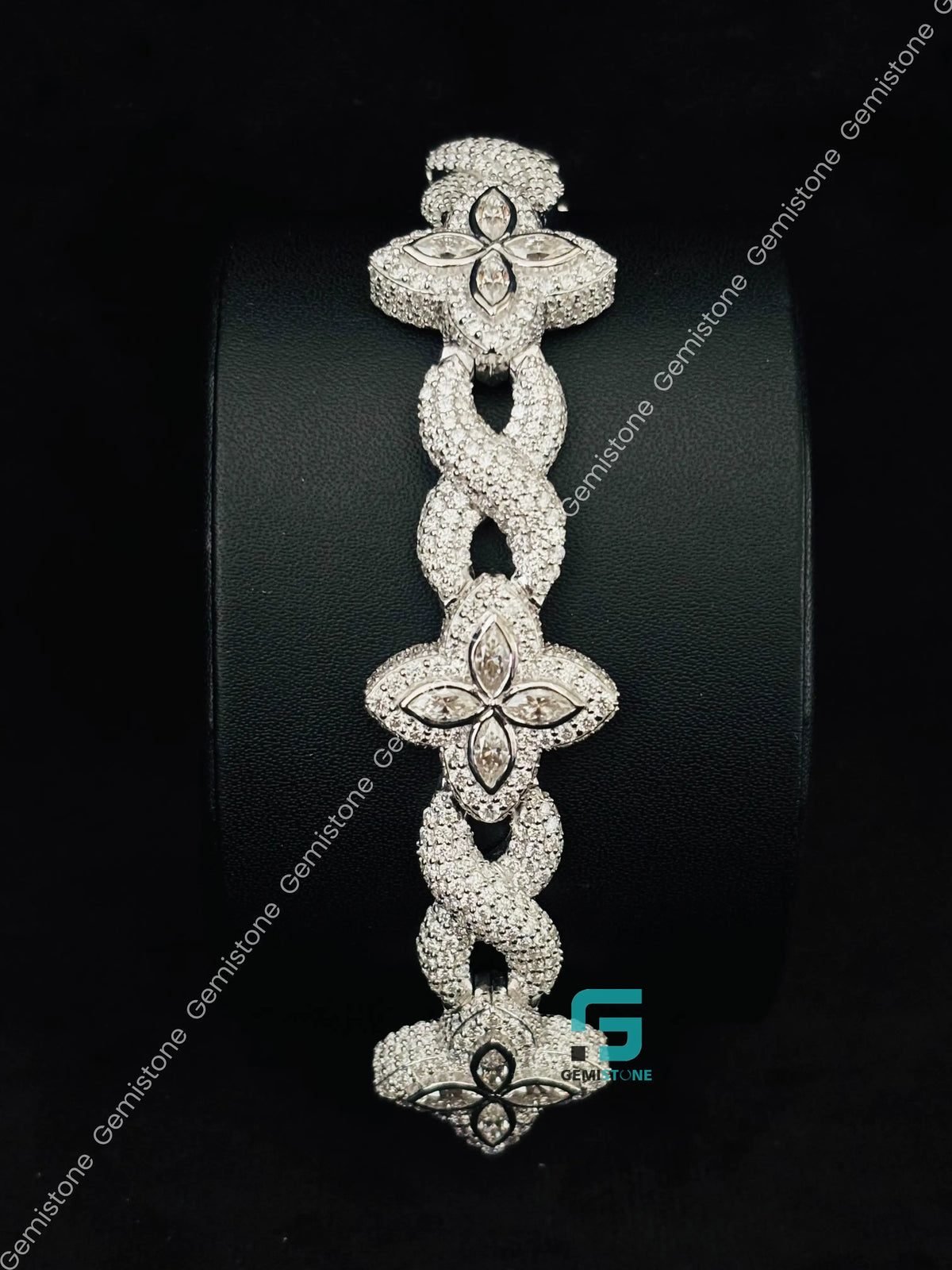 925 Silver 20MM White Marquise Iced Out Moissanite Clover Bracelet