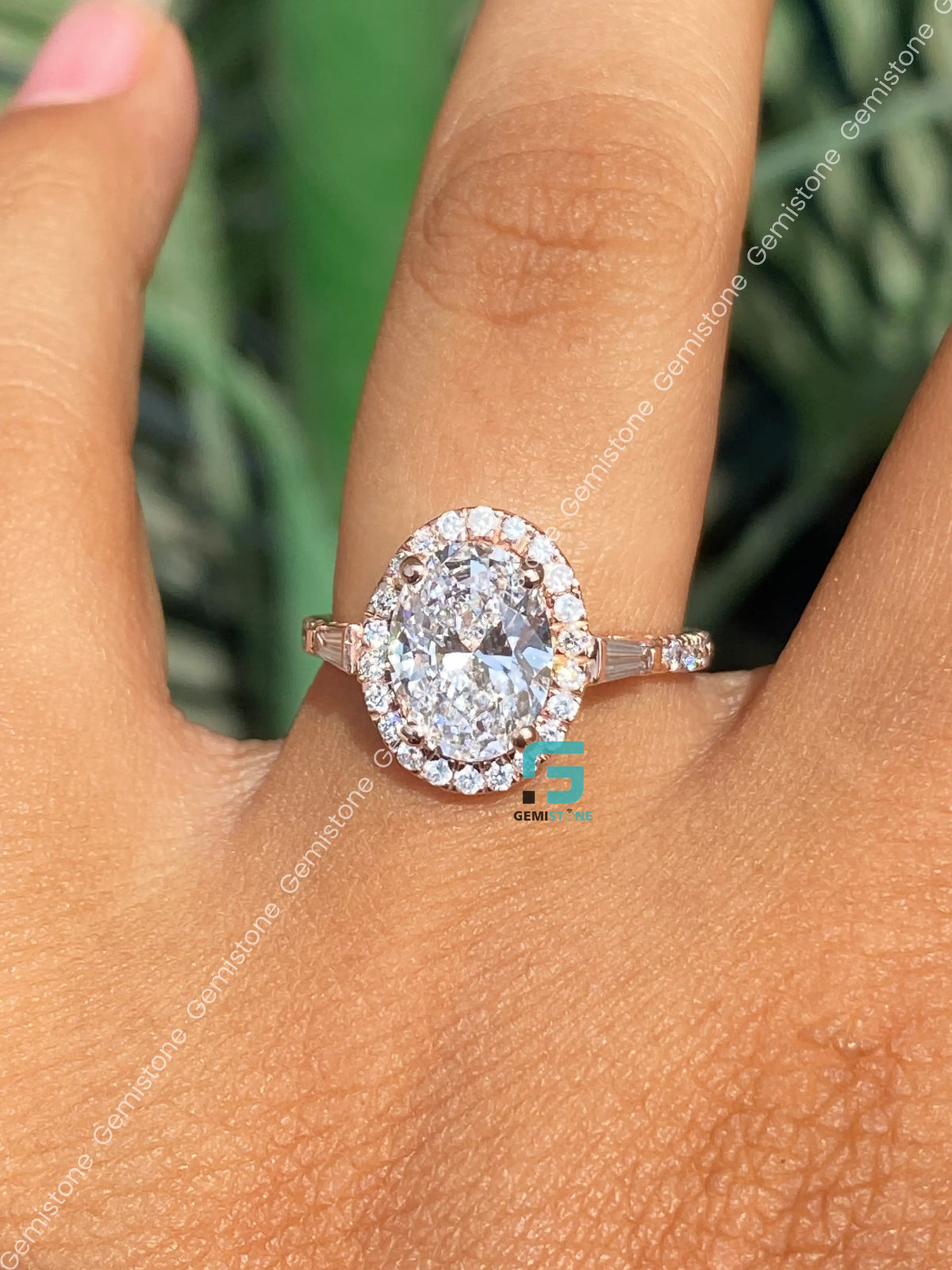 Oval and Tapper Baguette Halo Moissanite Annivasary Ring