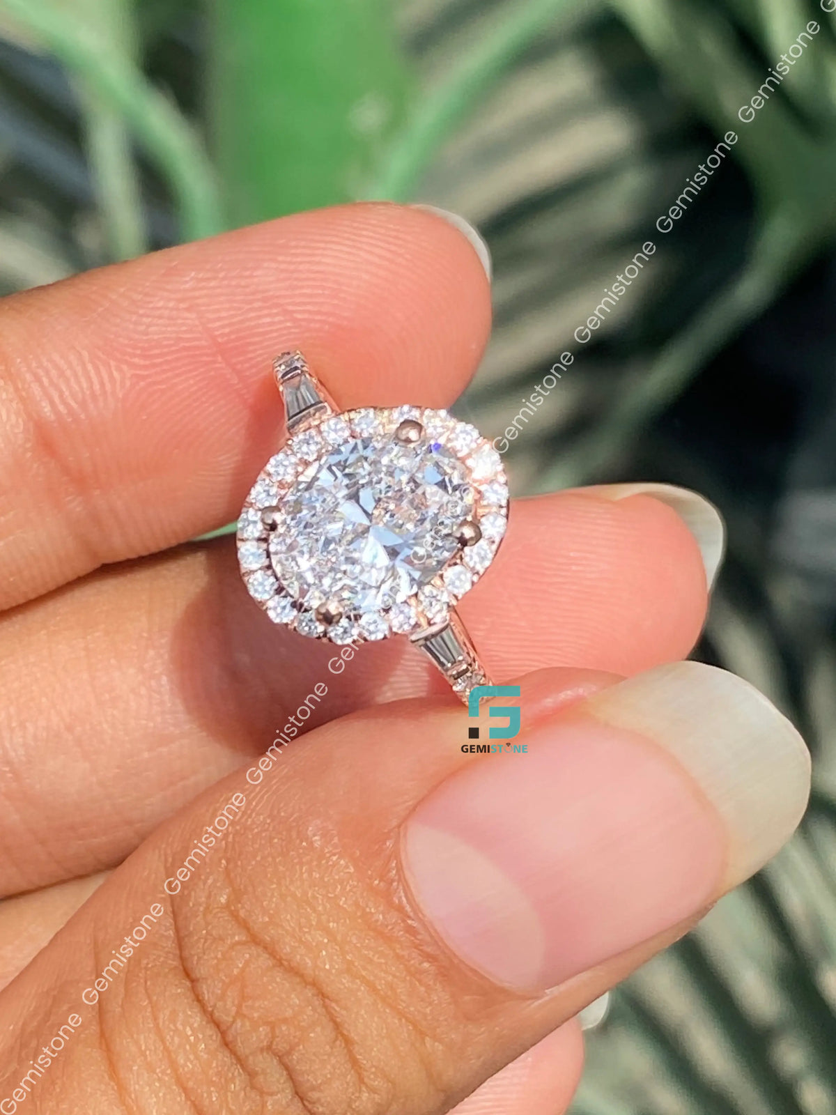 Oval and Tapper Baguette Halo Moissanite Annivasary Ring