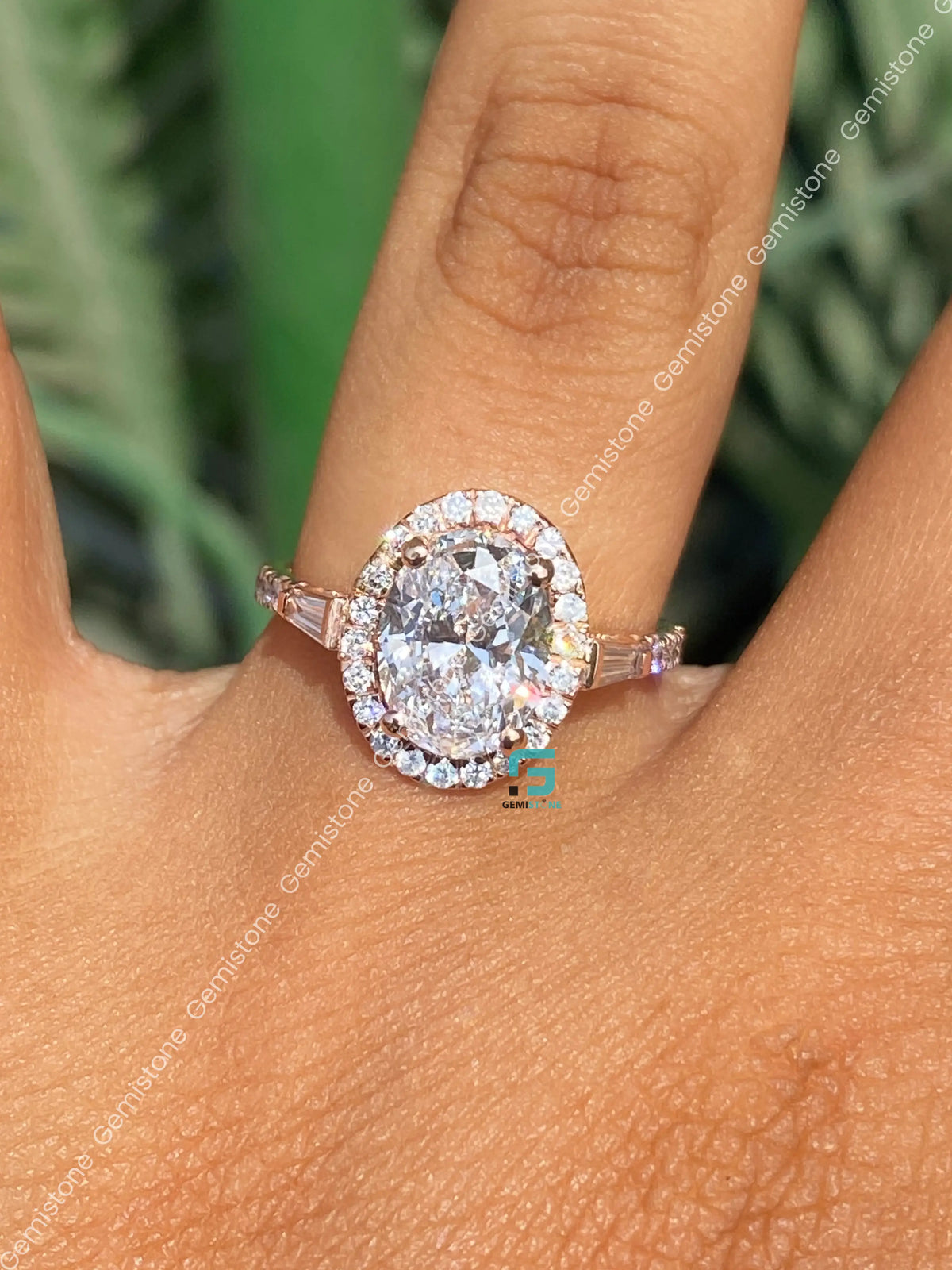 Oval and Tapper Baguette Halo Moissanite Annivasary Ring