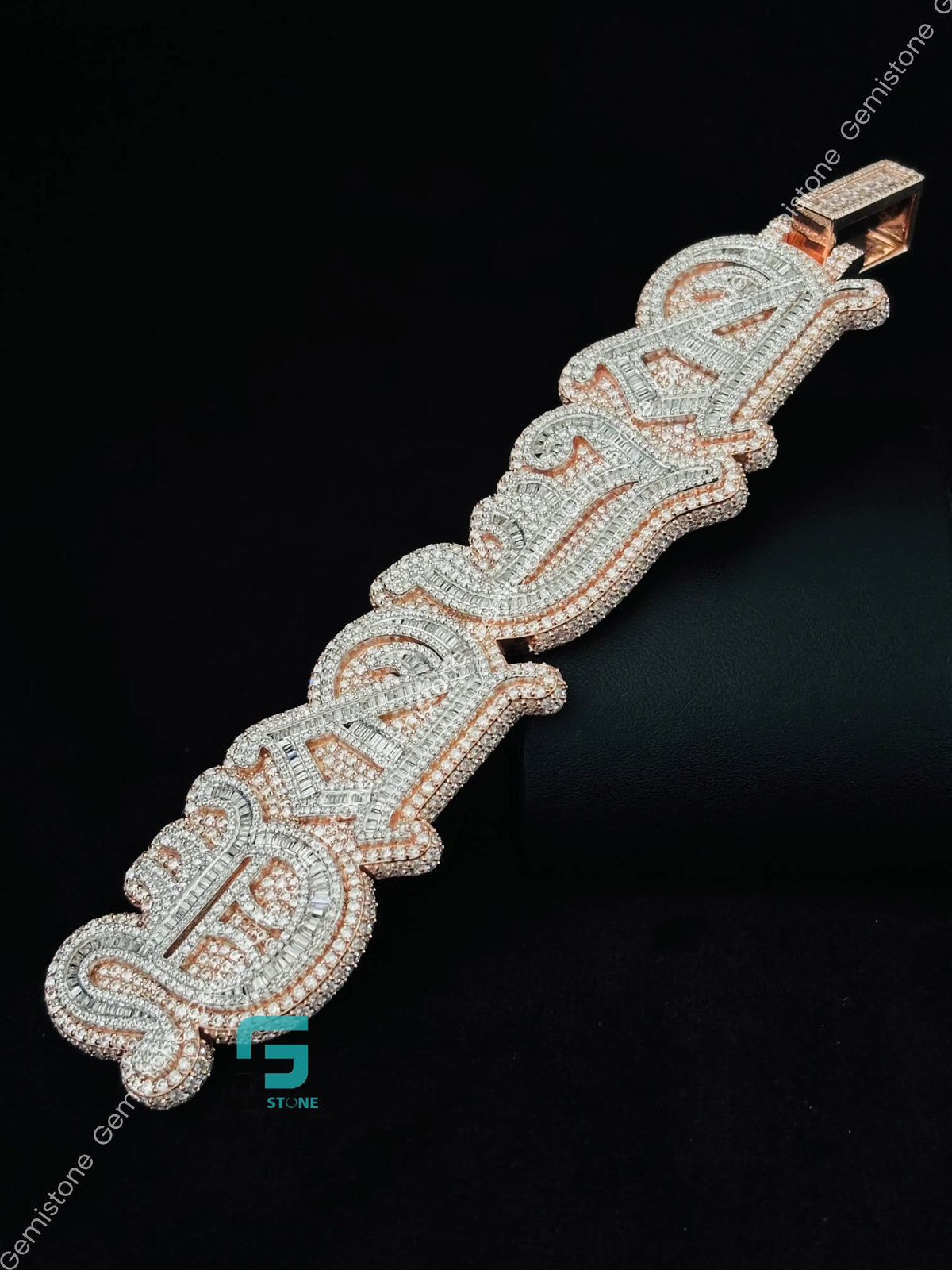 Two Tone Custom Name Baguette Moissanite Vertical Pendant