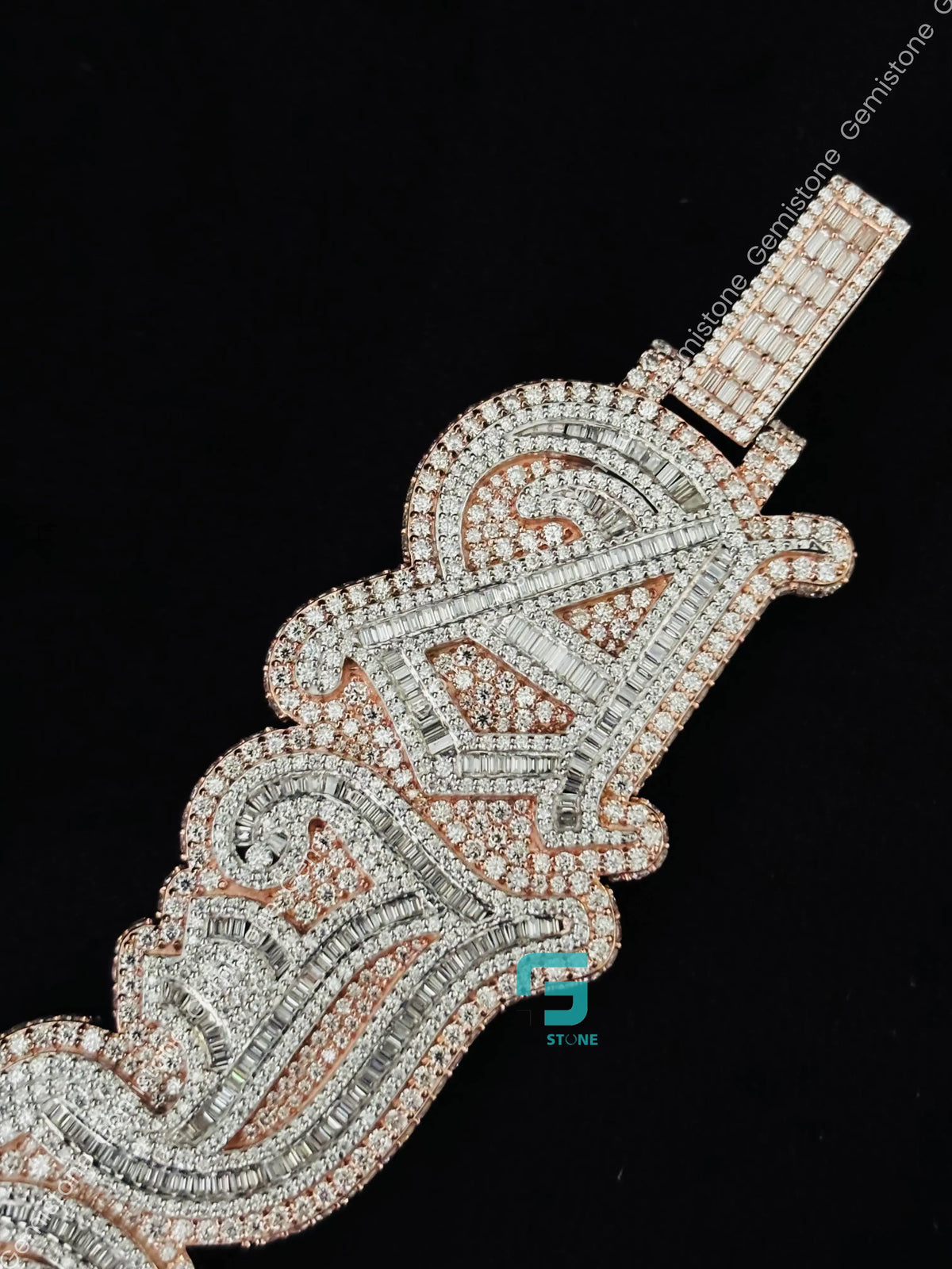 Two Tone Custom Name Baguette Moissanite Vertical Pendant