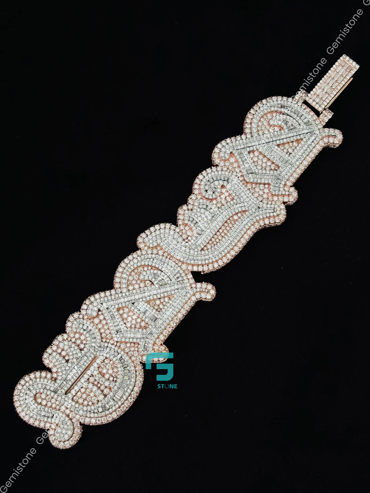 Two Tone Custom Name Baguette Moissanite Vertical Pendant