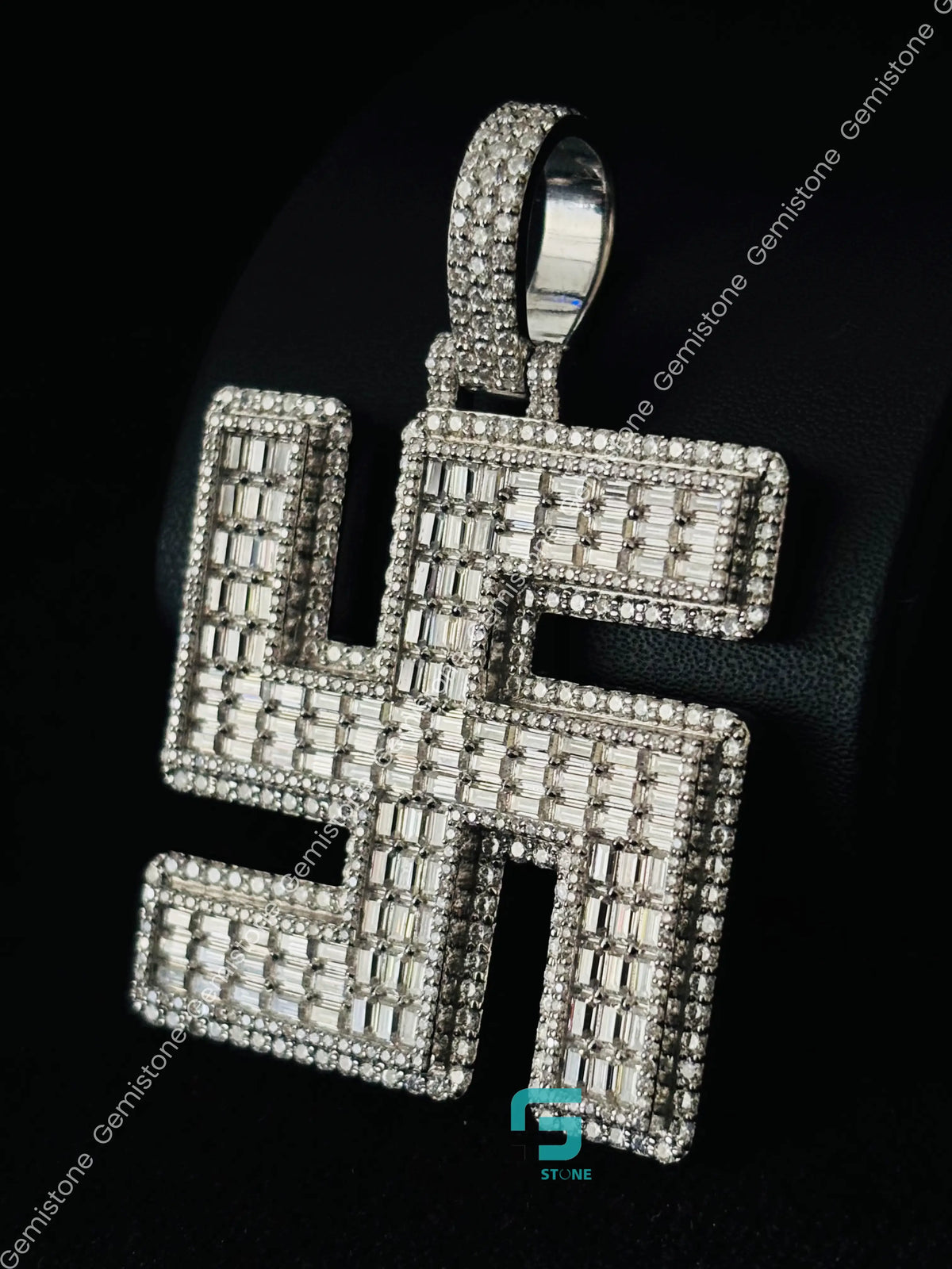 Baguette & Round Swastik Moissanite Iced Out Pendant
