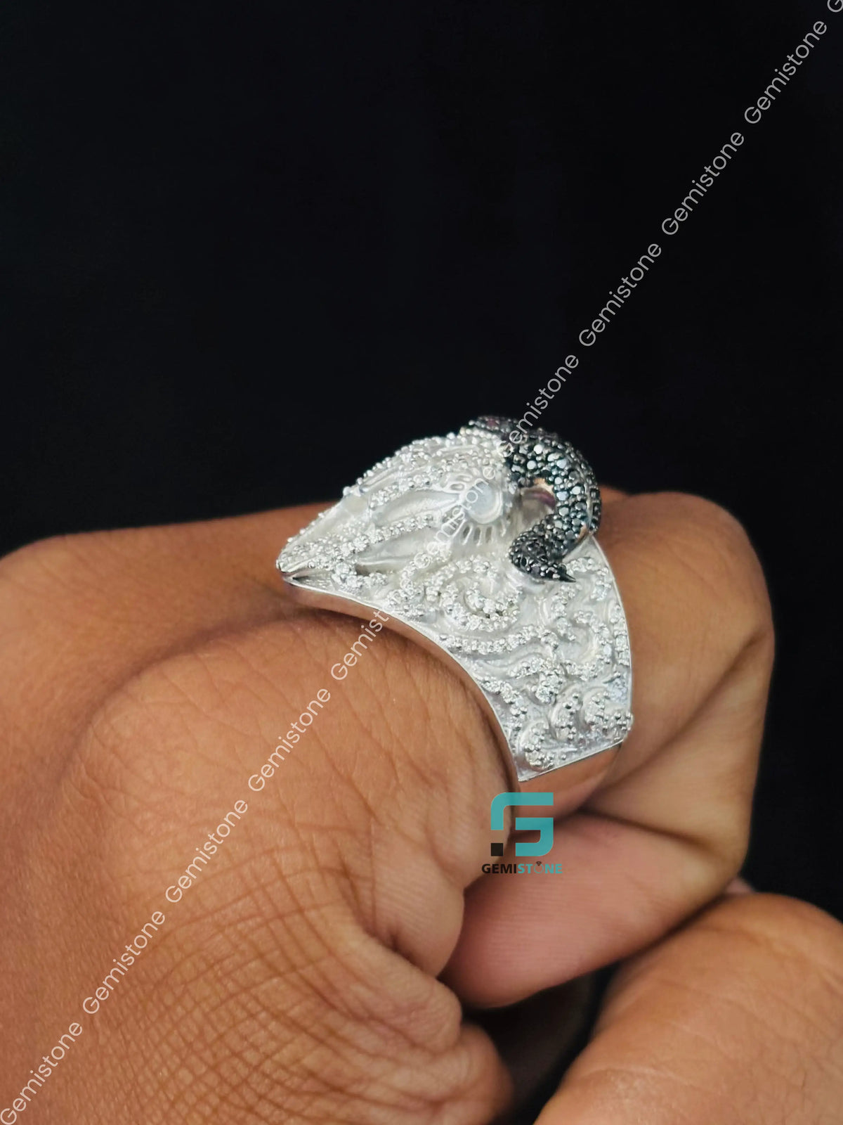 Black & White Diamond RAM Head Skull Moissanite Hip Hop Ring