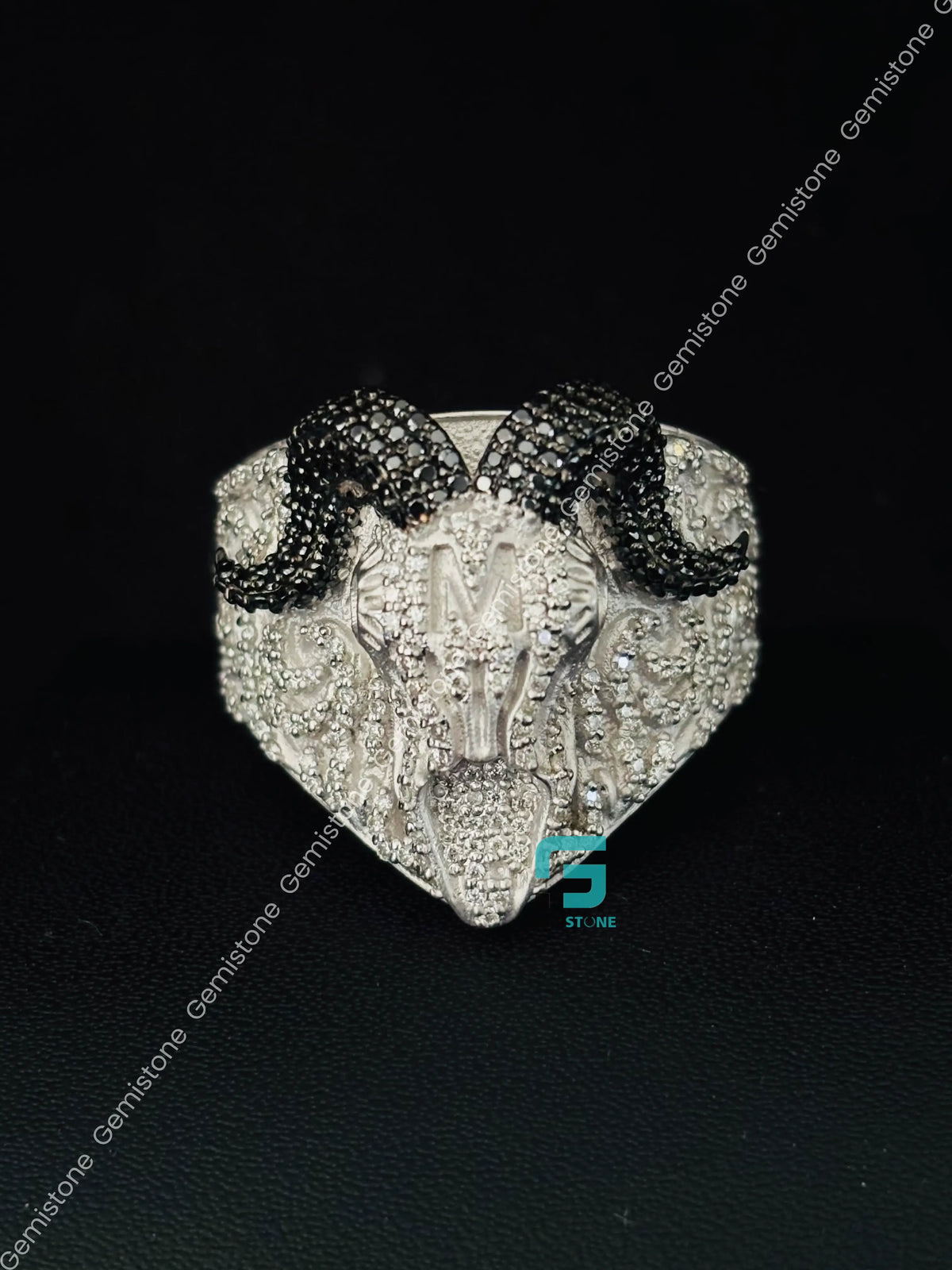 Black & White Diamond RAM Head Skull Moissanite Hip Hop Ring