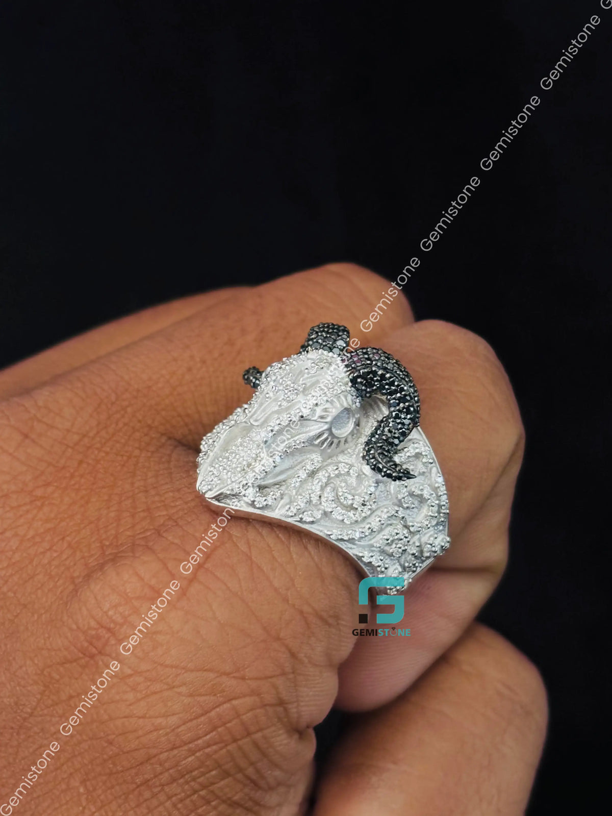Black & White Diamond RAM Head Skull Moissanite Hip Hop Ring