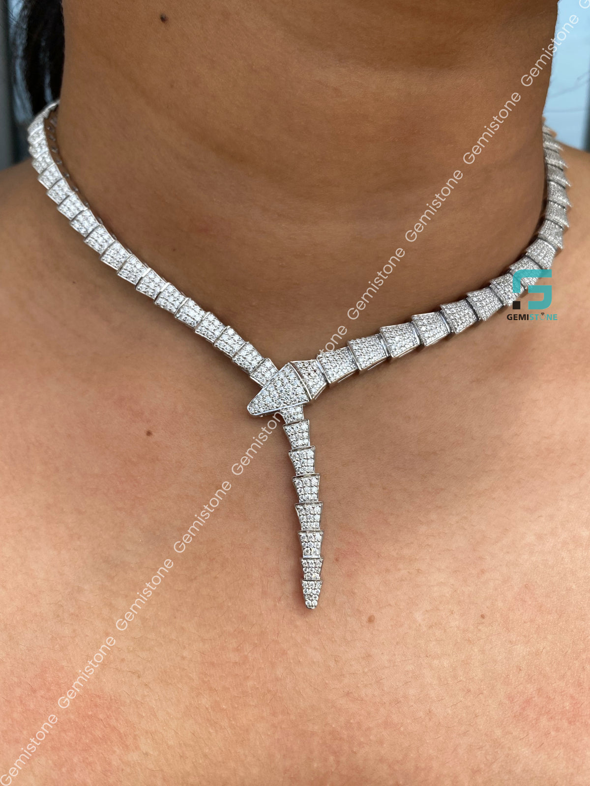 925 Silver Serpenti Viper Round Snake Moissanite Necklace