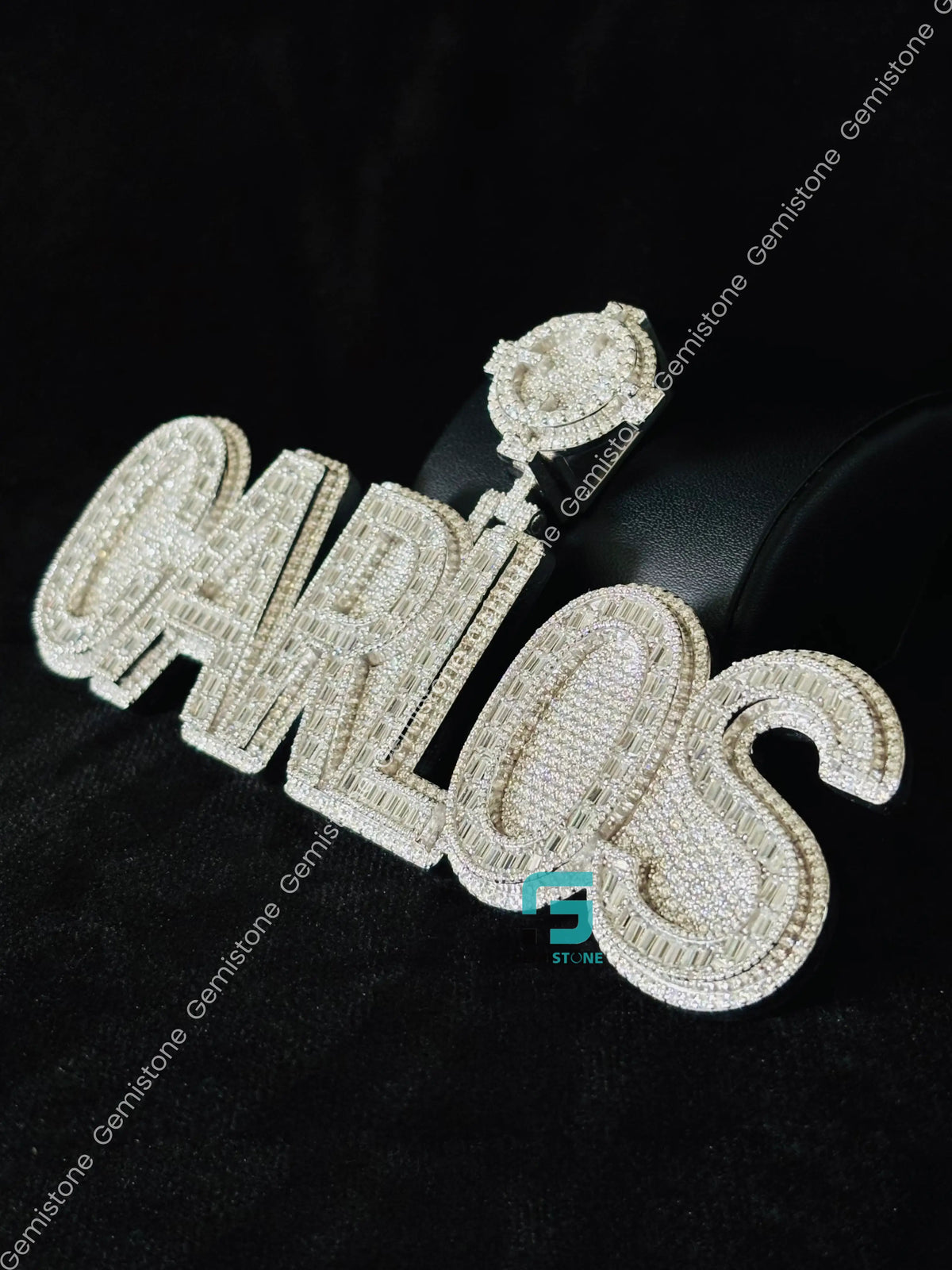 CARLOS Name Round and Baguette Moissanite Pendant