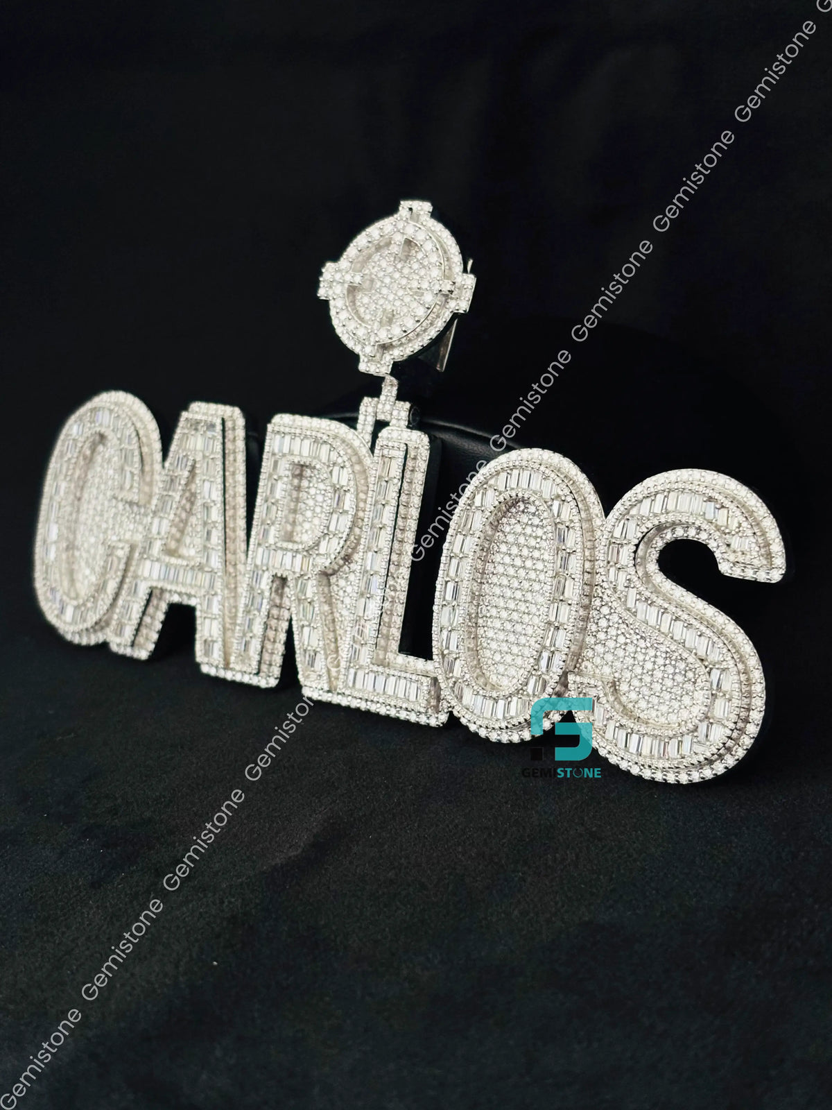 CARLOS Name Round and Baguette Moissanite Pendant