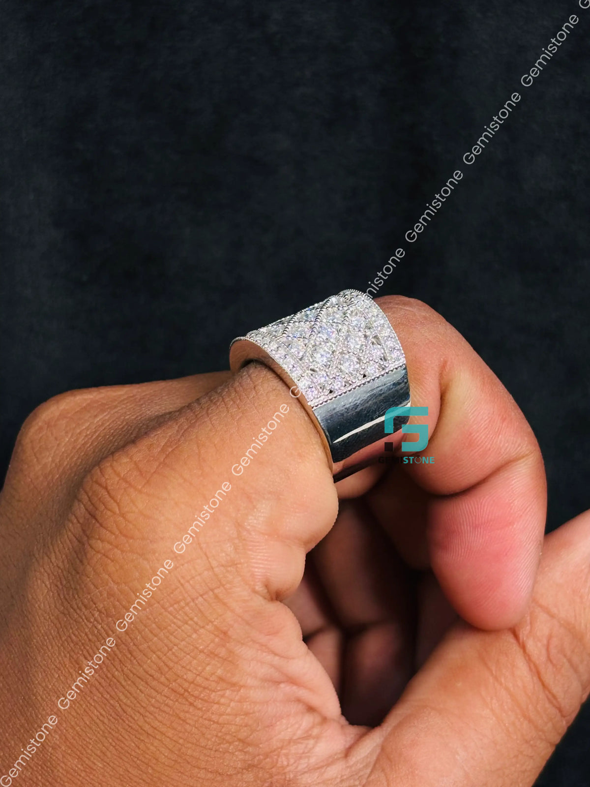 Iced Out Criss Cross Moissanite Milgrain Hip Hop Ring In 925 Silver
