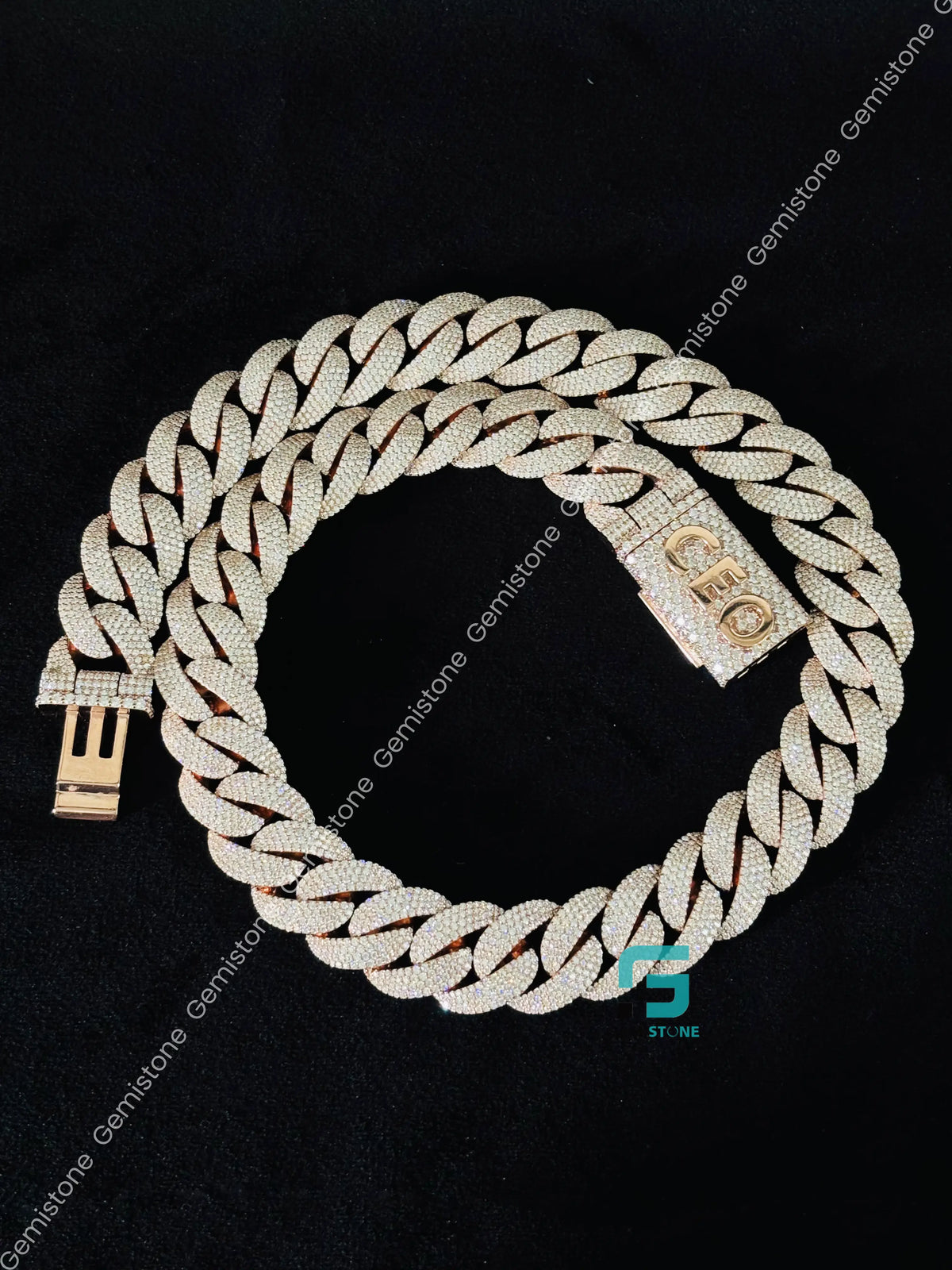 18MM Rose Gold Plated Iced Out Cuban Link Chain in 925 Silver