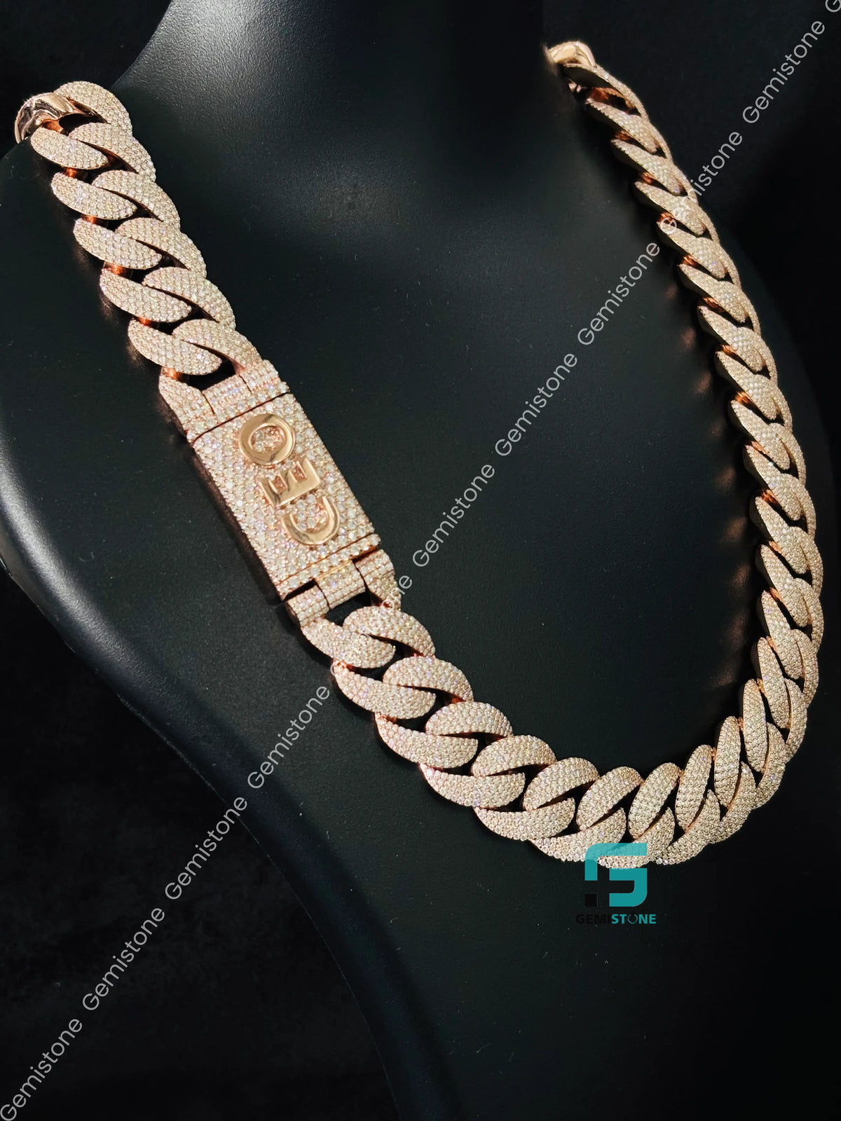 18MM Rose Gold Plated Iced Out Cuban Link Chain in 925 Silver