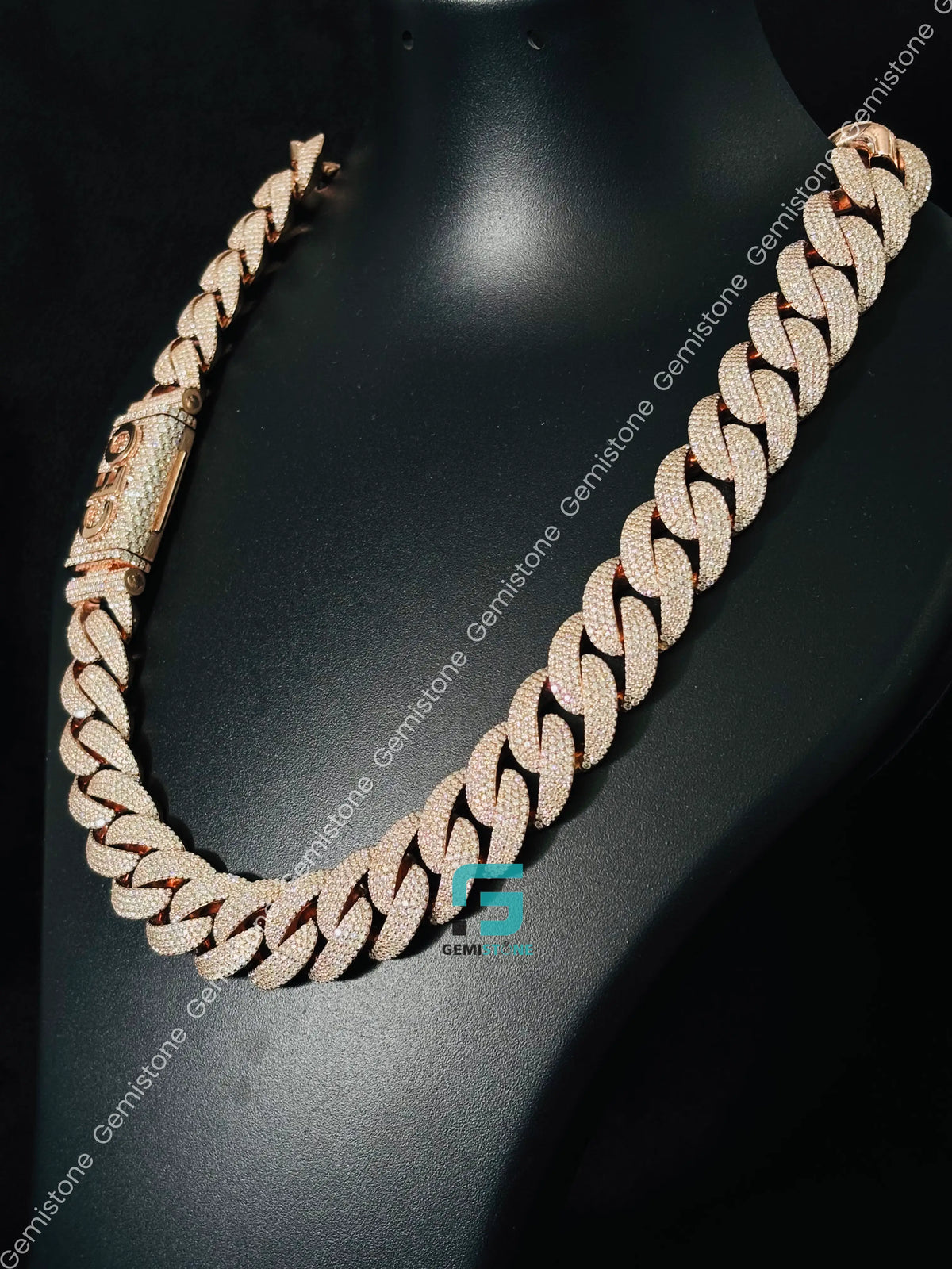 18MM Rose Gold Plated Iced Out Cuban Link Chain in 925 Silver