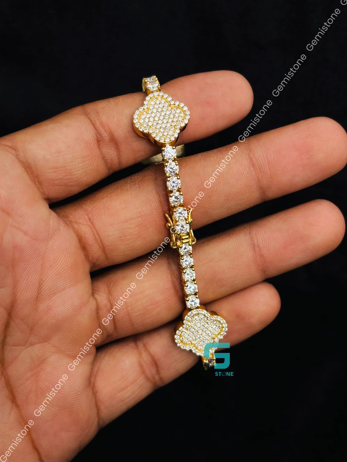 925 Silver Studded Tennis Moissanite Diamond Clover Bracelet