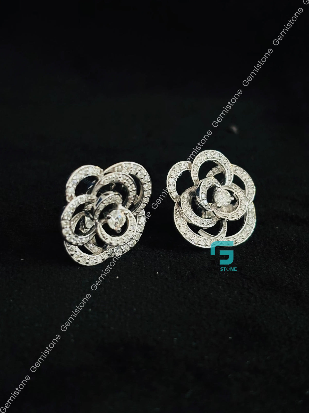 Floral Rose Shape Round Diamond Moissanite Stud Earrings