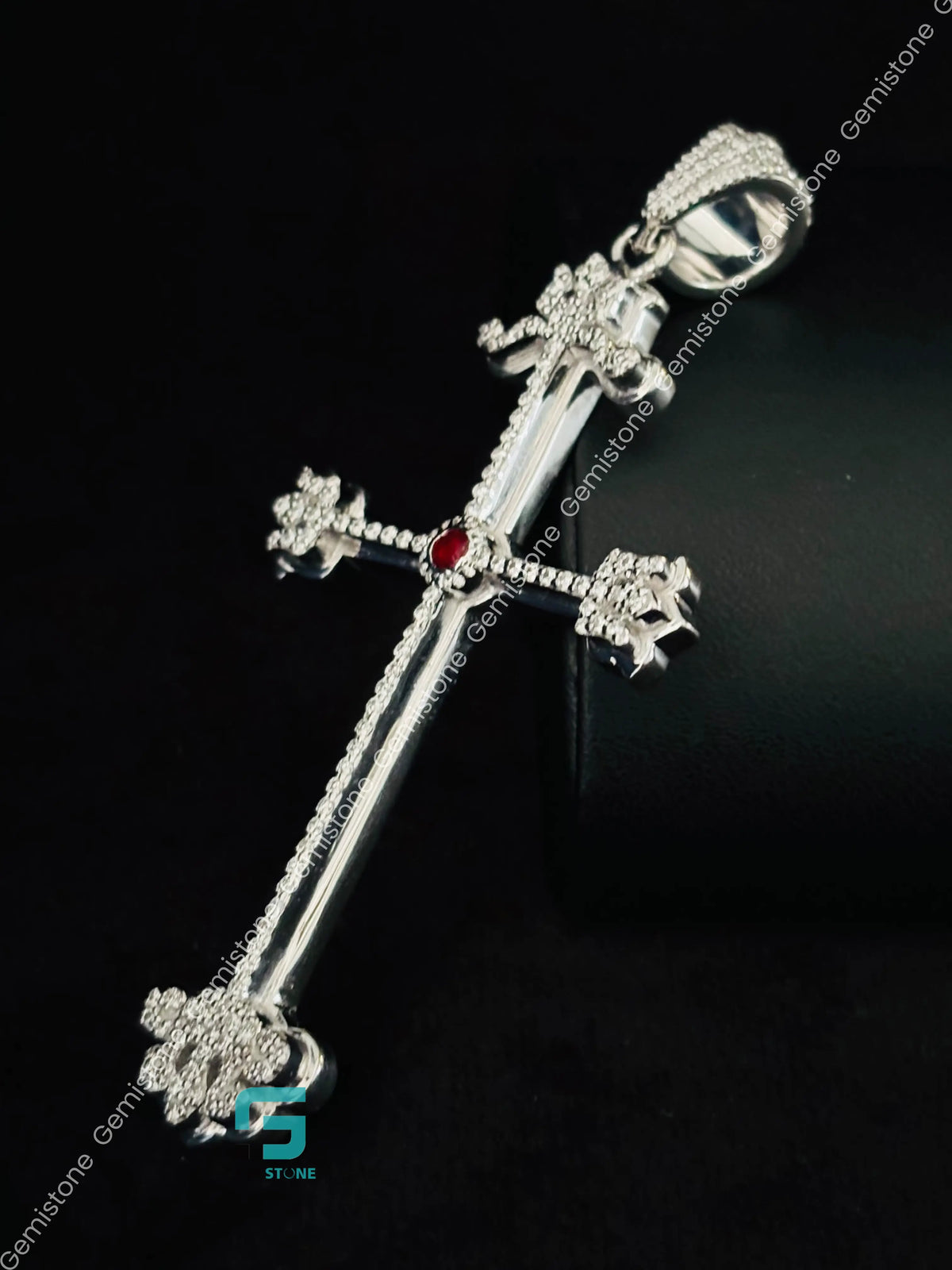 Jesus Cross Moissanite Ruby Hip Hop Pendant 925 Silver