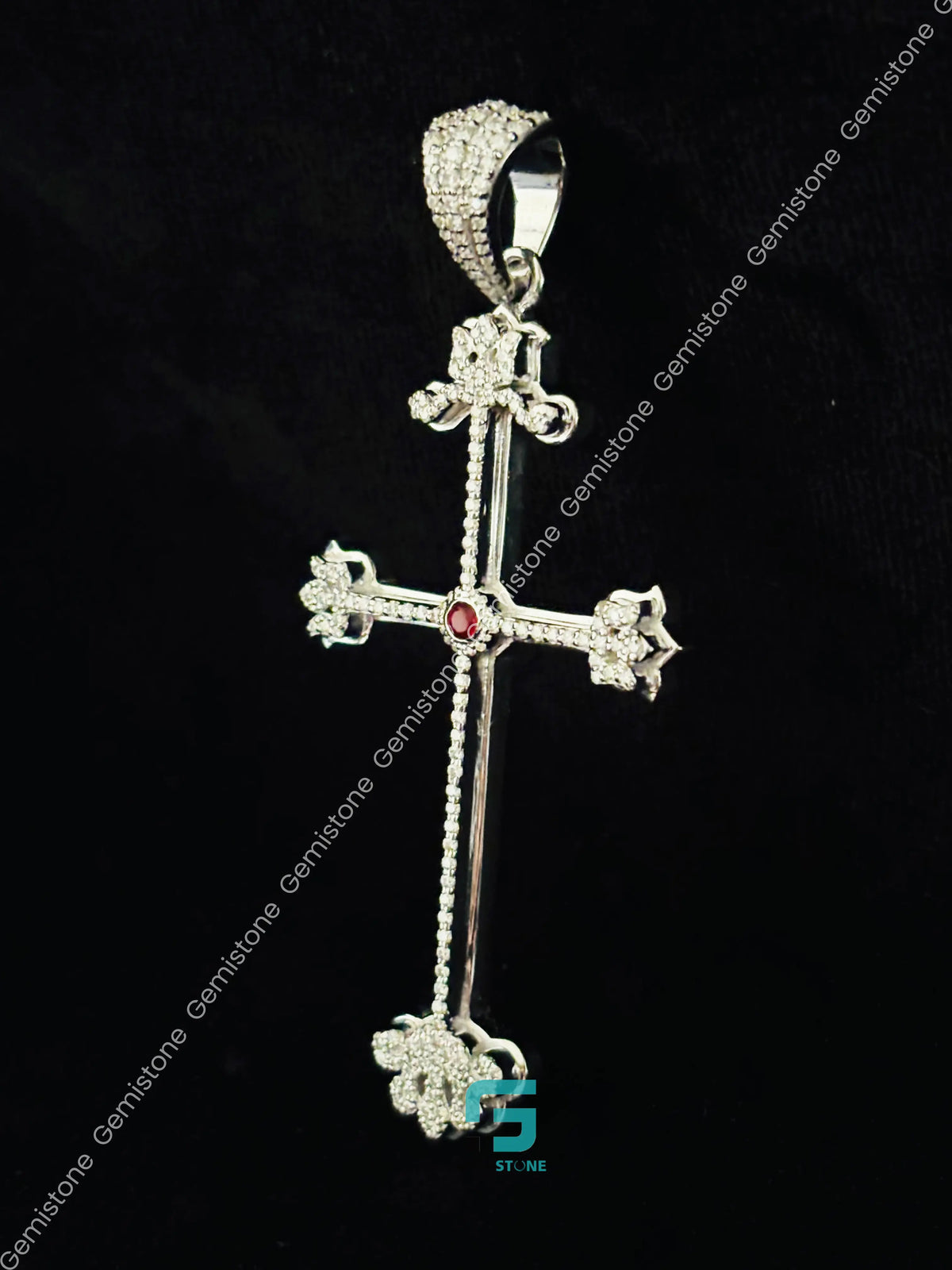 Jesus Cross Moissanite Ruby Hip Hop Pendant 925 Silver