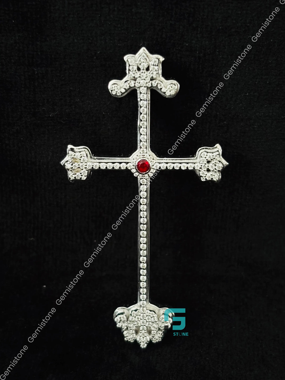 925 Silver Custom Ruby Jesus Cross Moissanite Charm Pendant