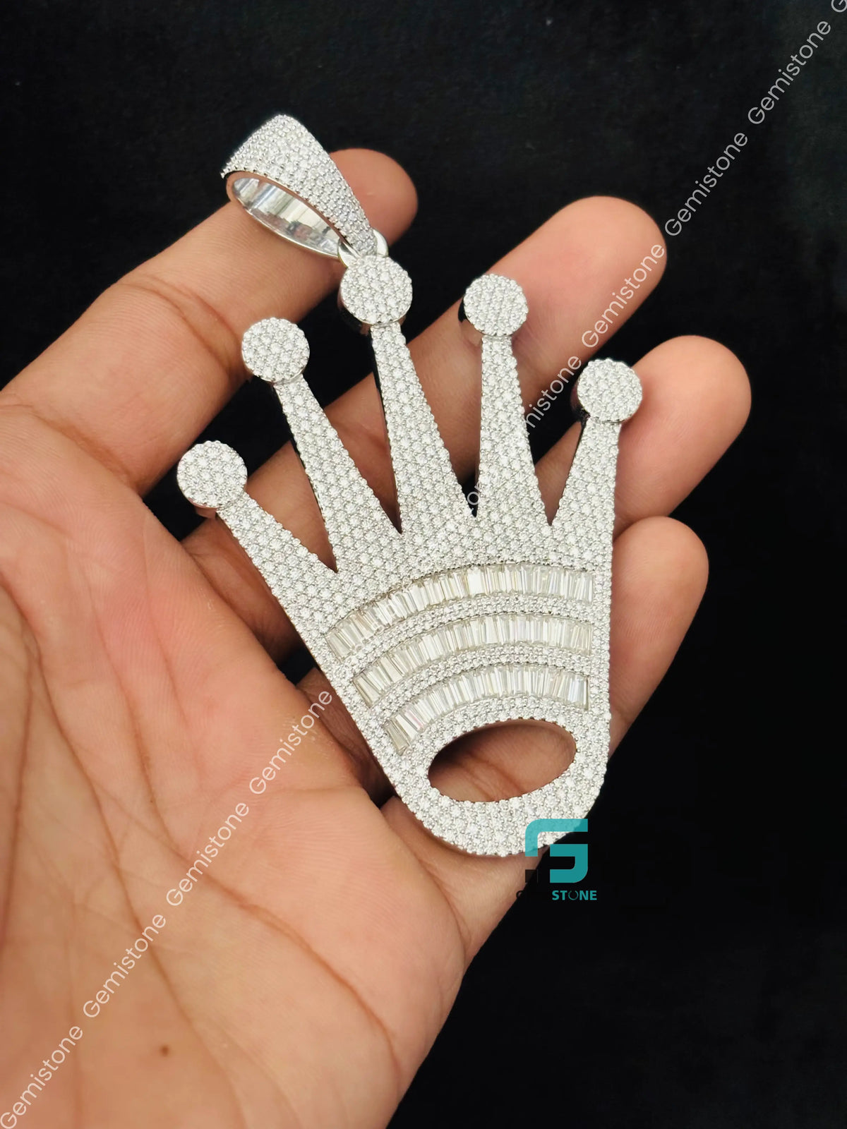 925 Silver Roli Crown Shape Moissanite Studded Pendant