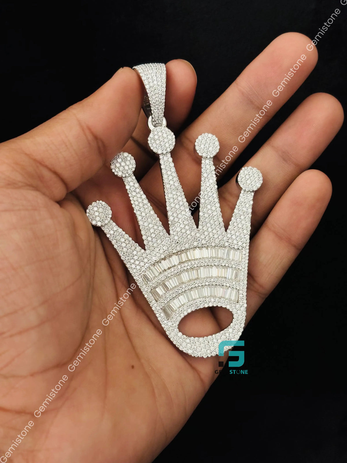 925 Silver Roli Crown Shape Moissanite Studded Pendant