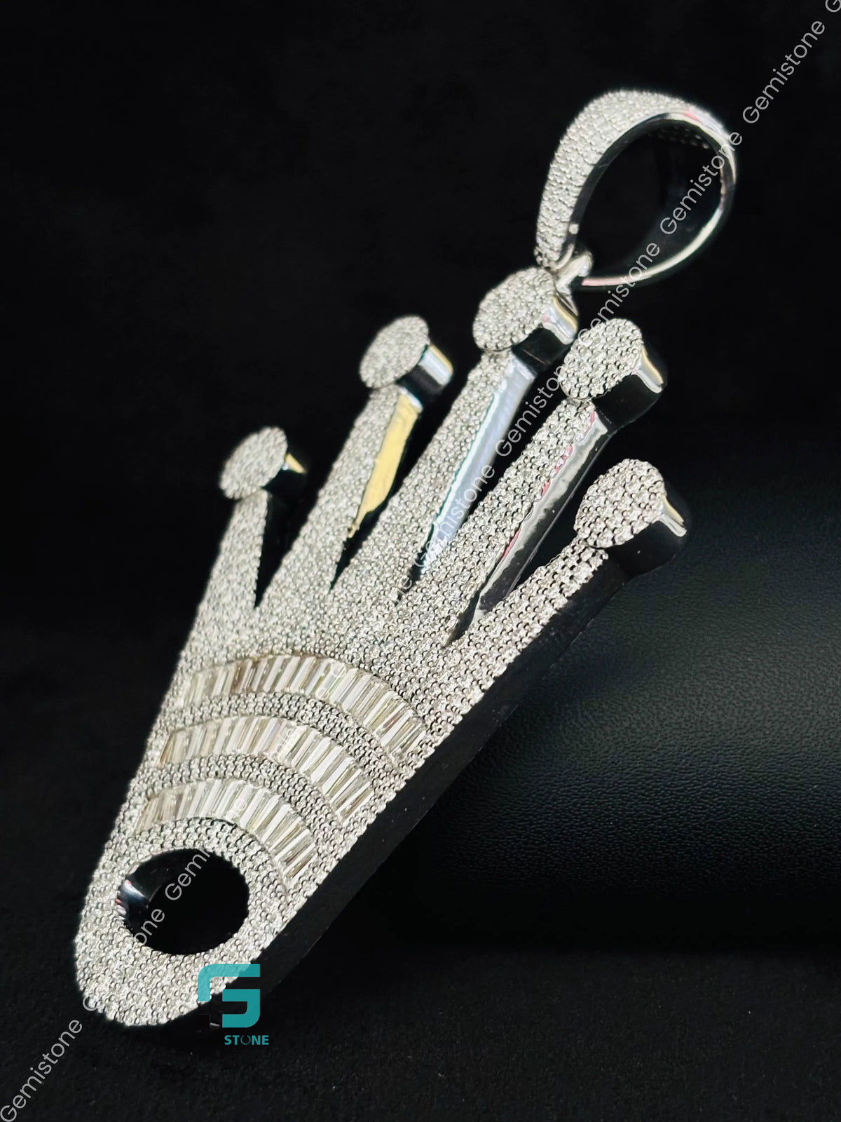 925 Silver Roli Crown Shape Moissanite Studded Pendant