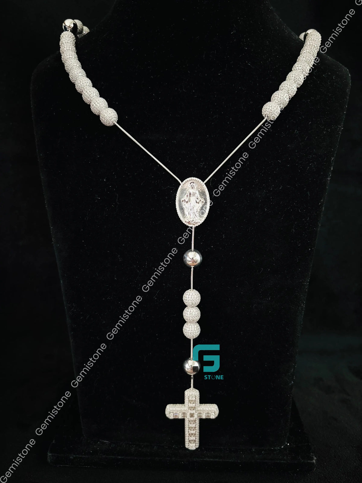 Rosary Beads Moissanite Jesus Iced Out Chain in 925 Silver