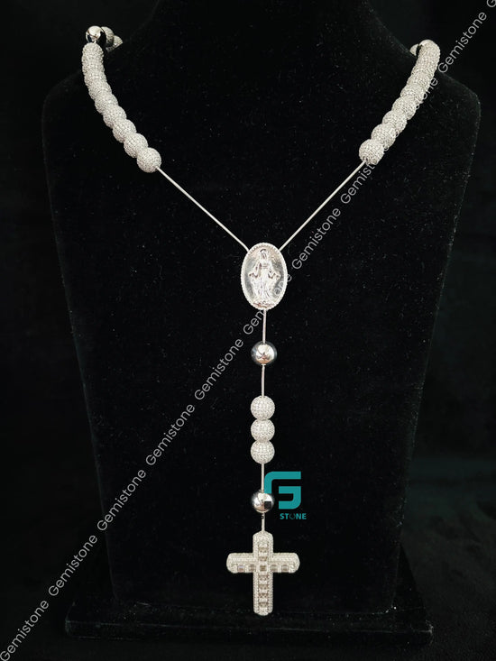 Rosary Beads Moissanite Jesus Iced Out Chain in 925 Silver