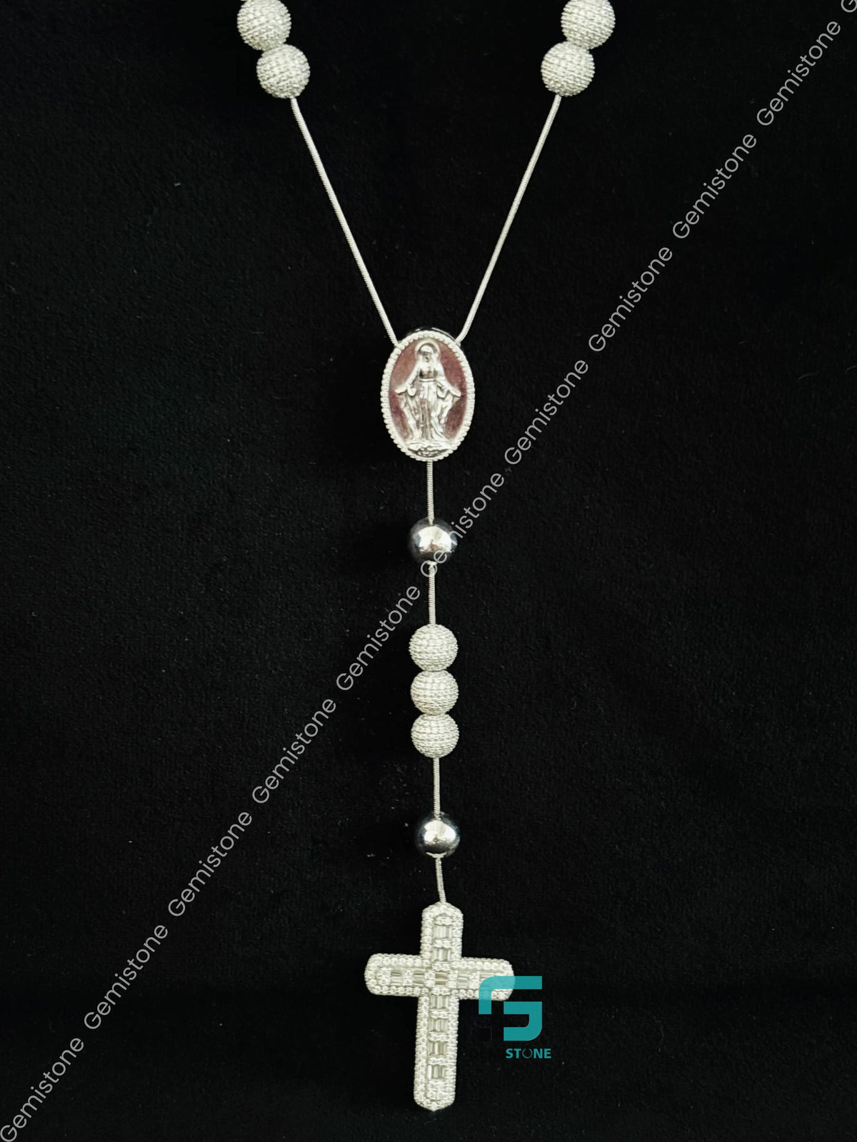 Rosary Beads Moissanite Jesus Iced Out Chain in 925 Silver