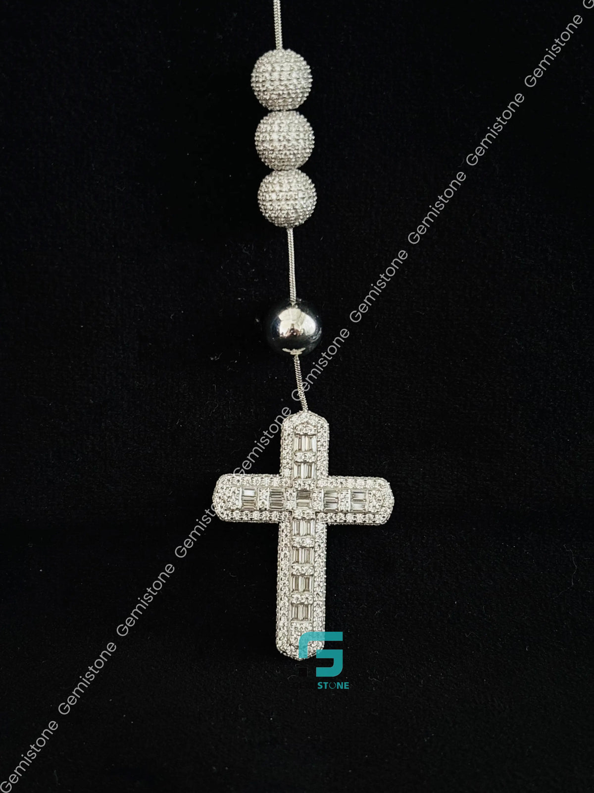Rosary Beads Moissanite Jesus Iced Out Chain in 925 Silver