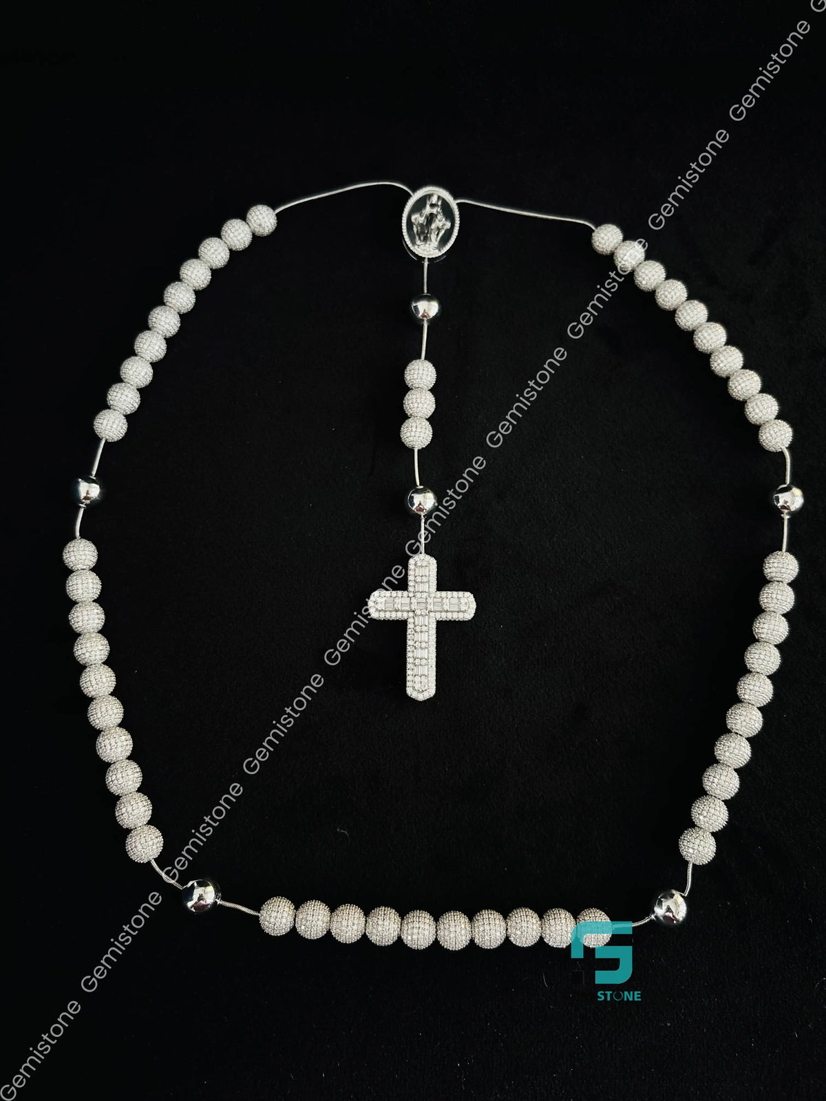 Rosary Beads Moissanite Jesus Iced Out Chain in 925 Silver
