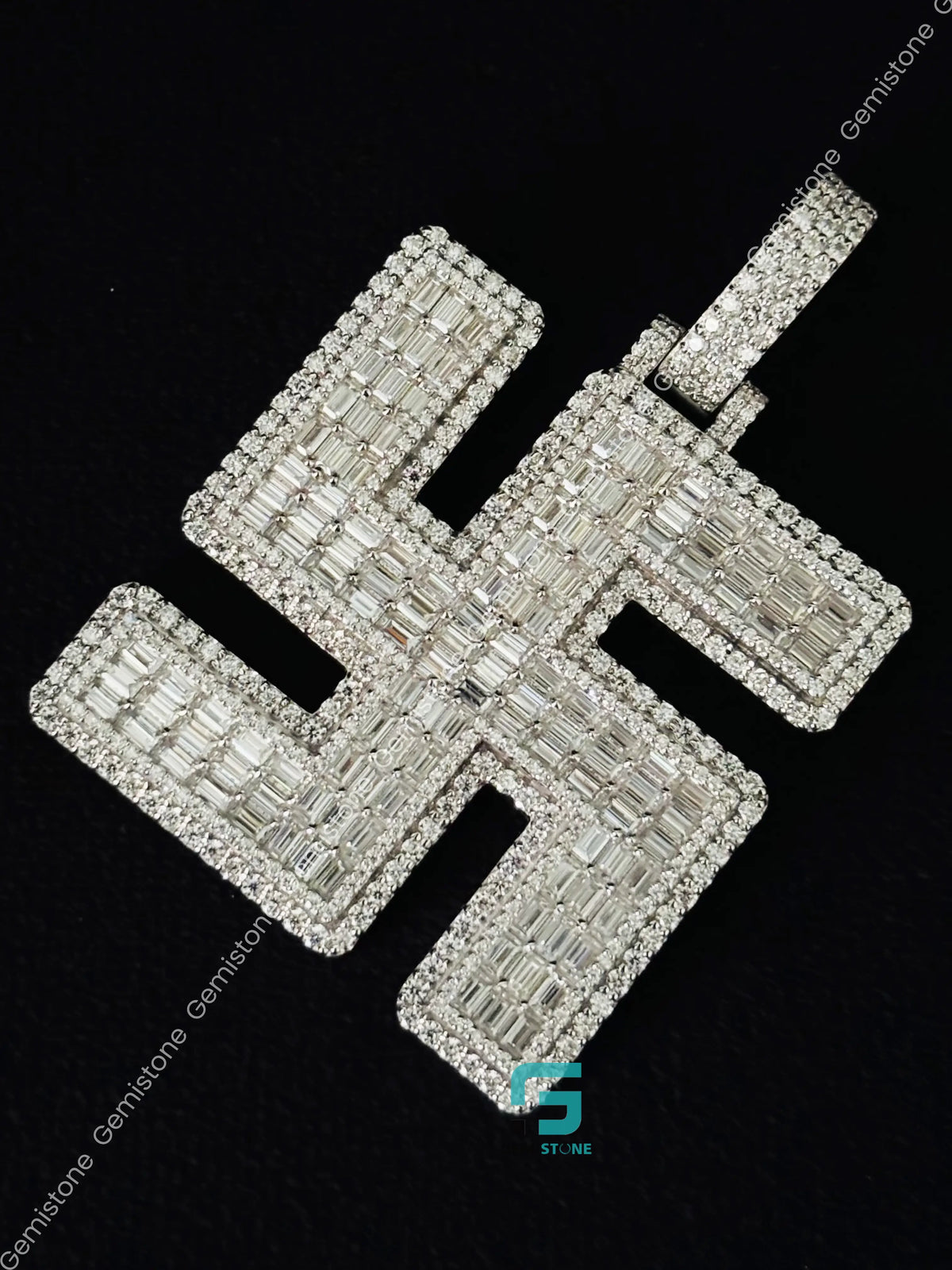 Baguette & Round Swastik Moissanite Iced Out Pendant