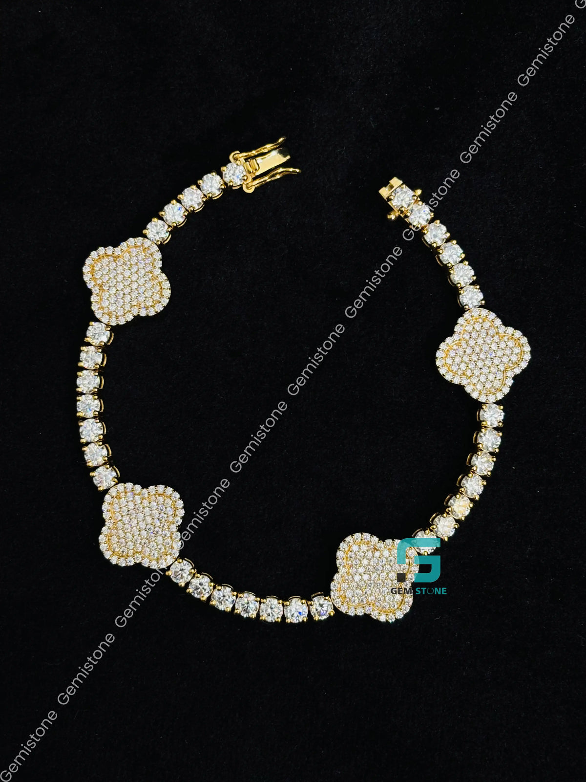 925 Silver Studded Tennis Moissanite Diamond Clover Bracelet