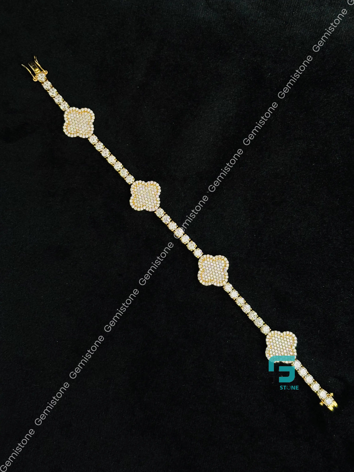 925 Silver Studded Tennis Moissanite Diamond Clover Bracelet