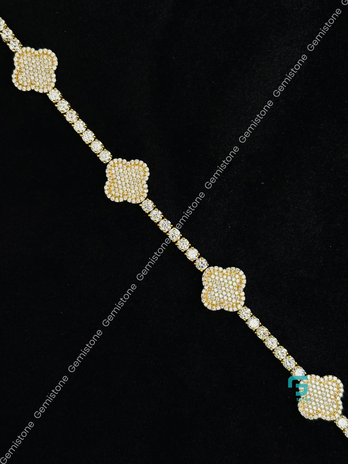 925 Silver Studded Tennis Moissanite Diamond Clover Bracelet