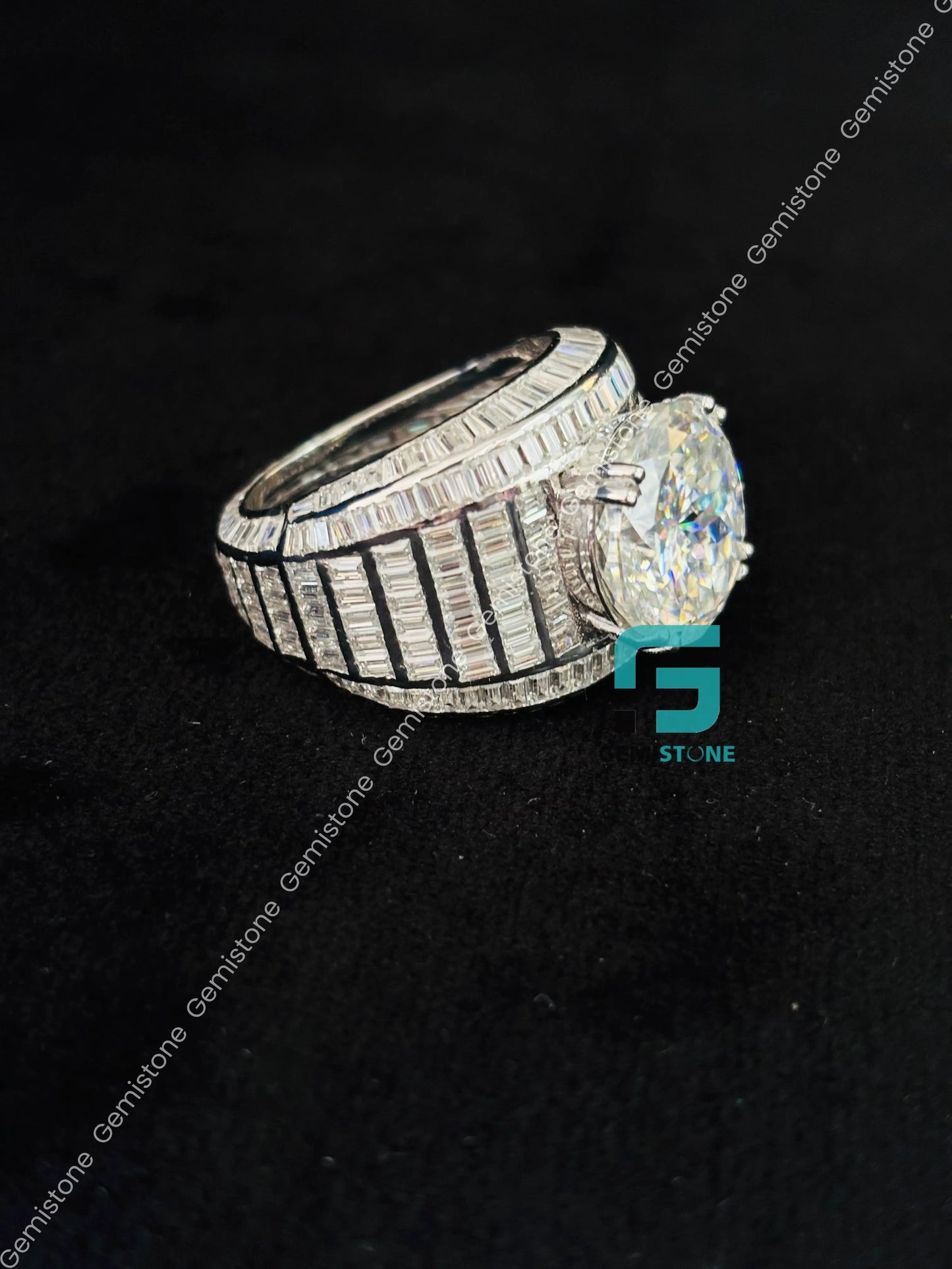 925 Silver Baguette_ Round Moissanite Ring