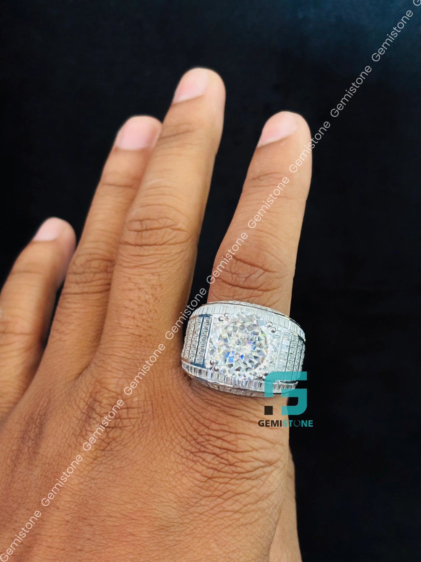 925 Silver Baguette_ Round Moissanite Ring For Men