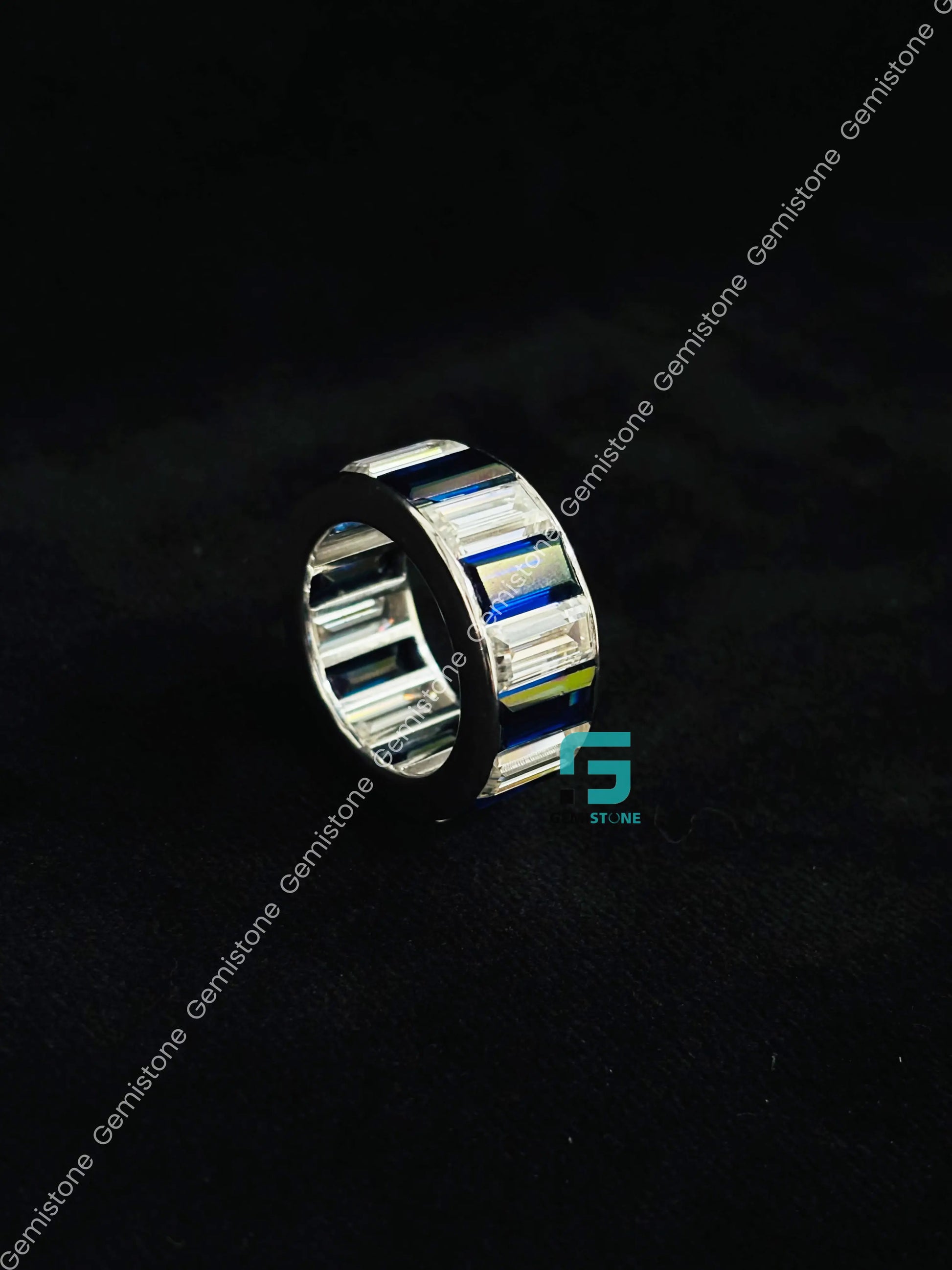 925 Silver Blue_ White Baguette Moissanite Eternity Band