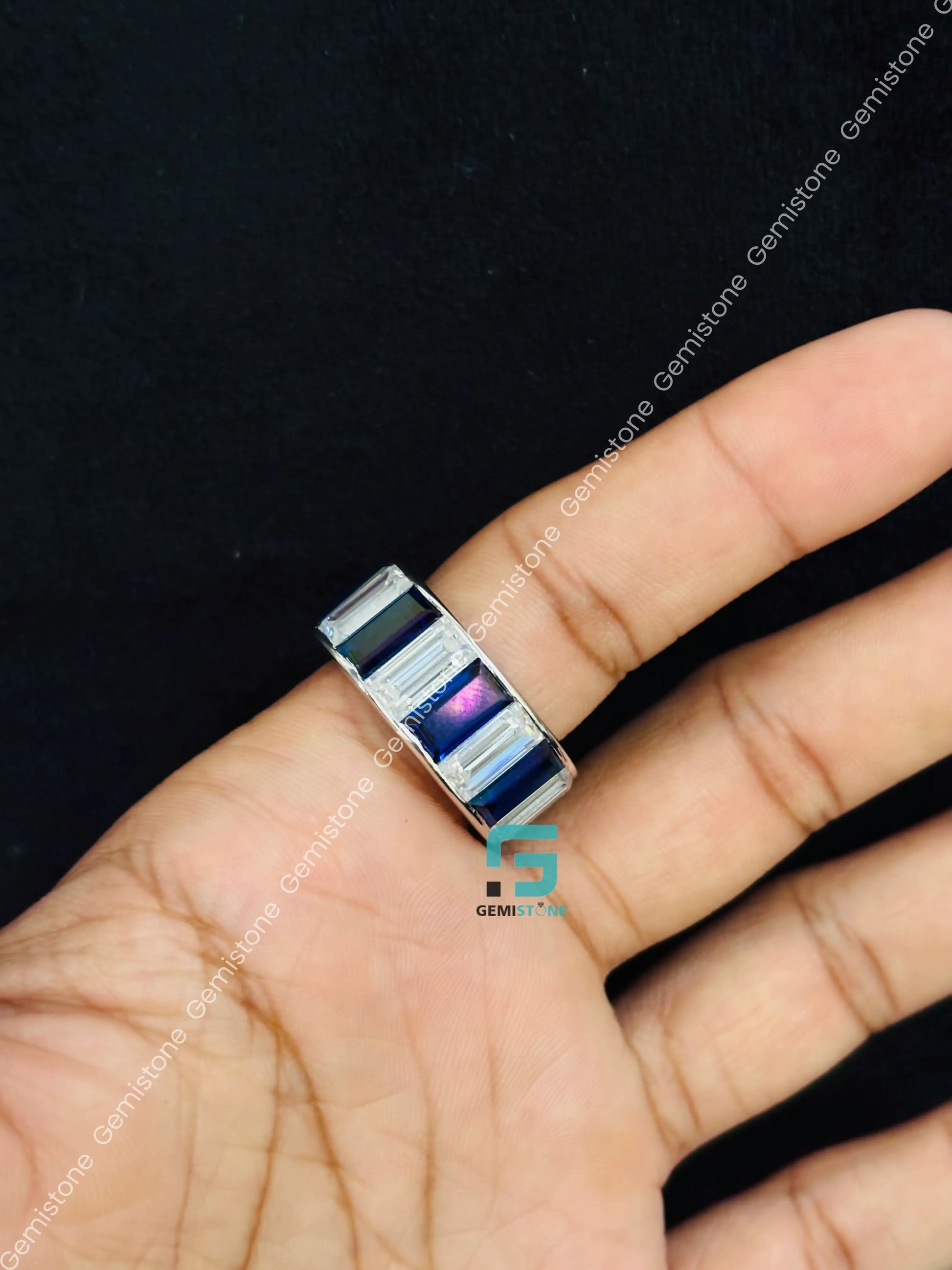 925 Silver Blue_ White Baguette Moissanite Eternity Band For Men
