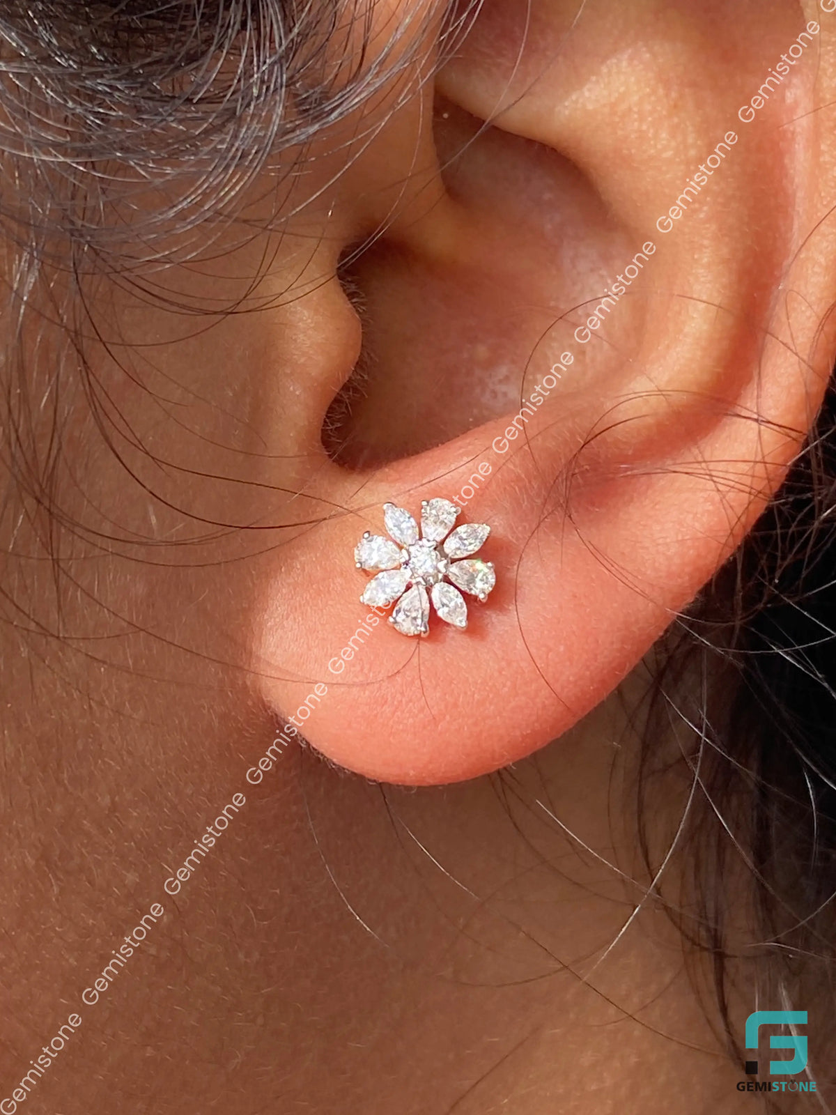 925 Silver Floral Shape Moissanite Diamond Stud Earrings 