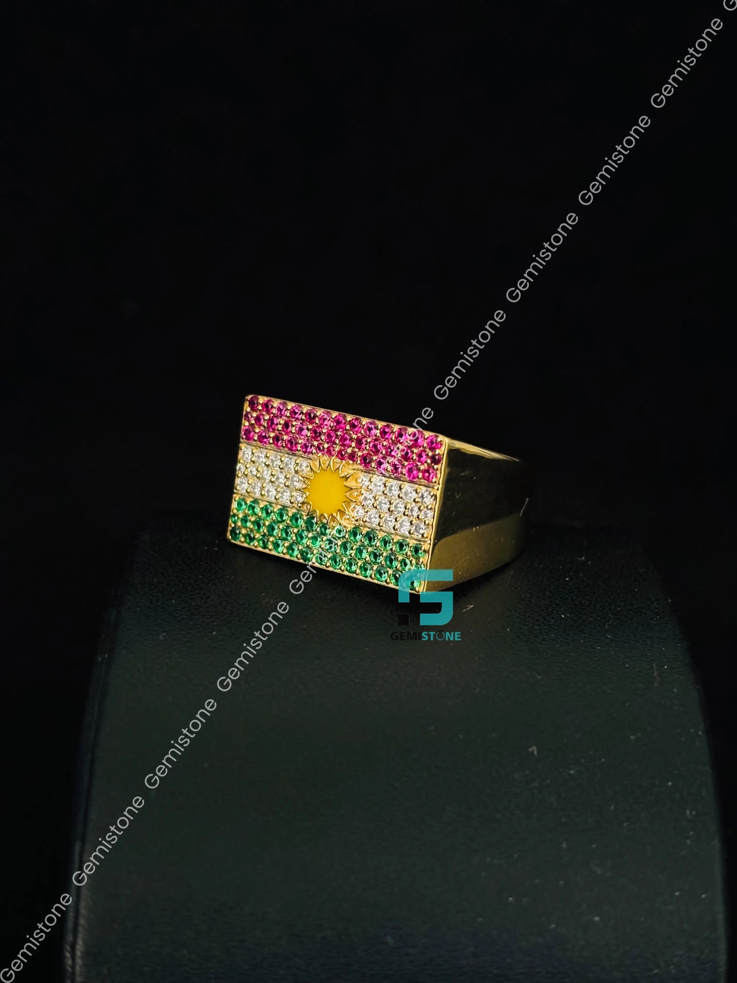 925 Silver Kurdistan Flag Moissanite Hip Hop Ring
