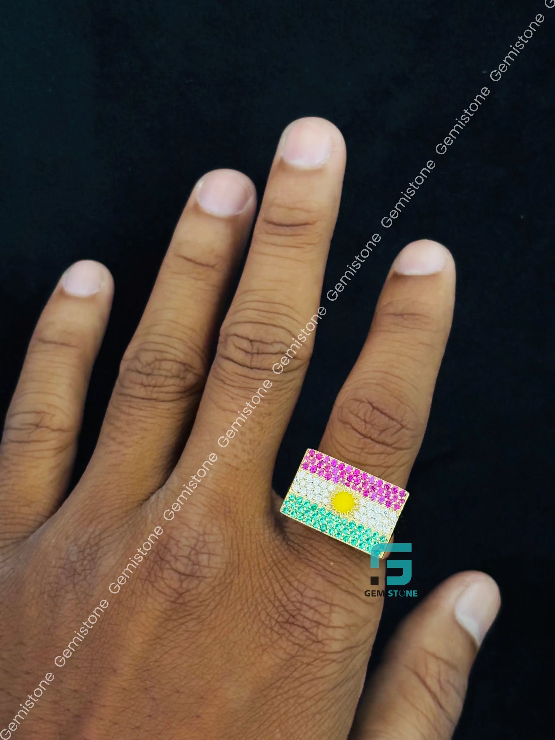 925 Silver Kurdistan Flag Moissanite Ring