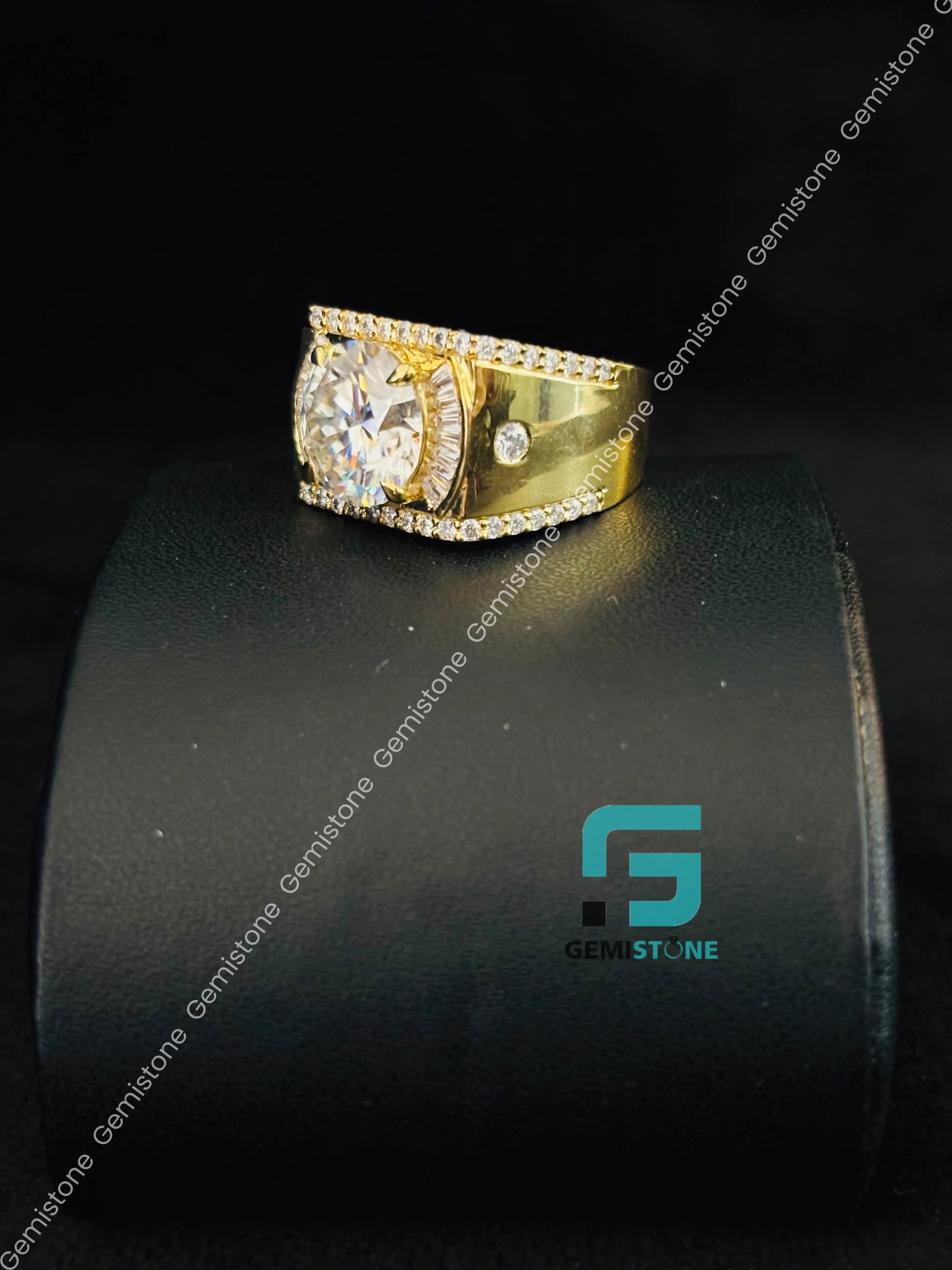 925 Silver Moissanite Yellow Gold Plated Hip Hop Ring For Men