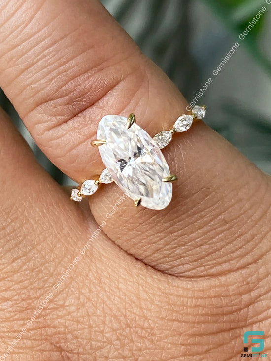 925 Silver Moval Cut Moissanite Marquise Pave Band Wedding Ring