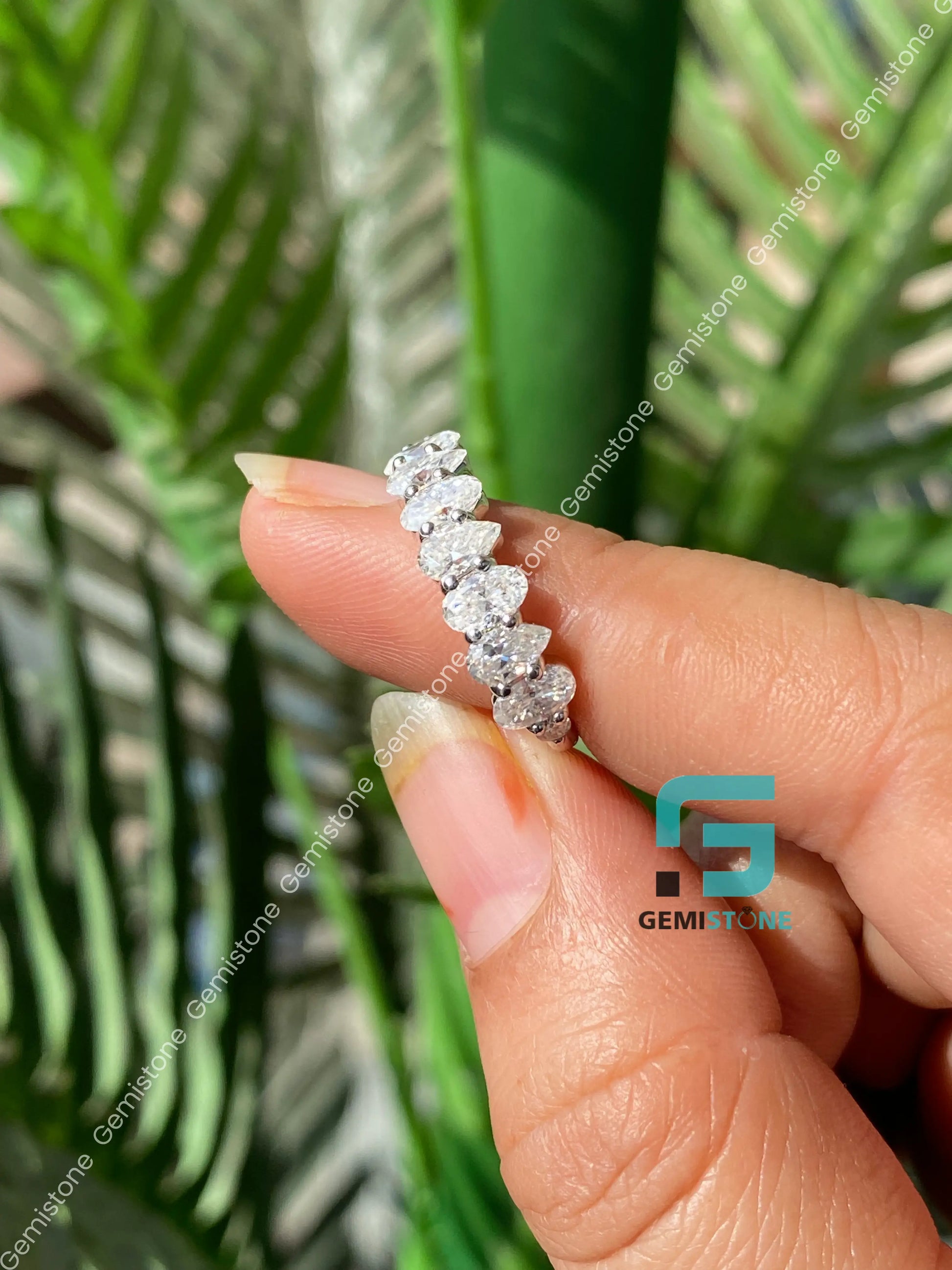 925 Silver Oval_ Pear Moissanite Half Eternity Band For Women