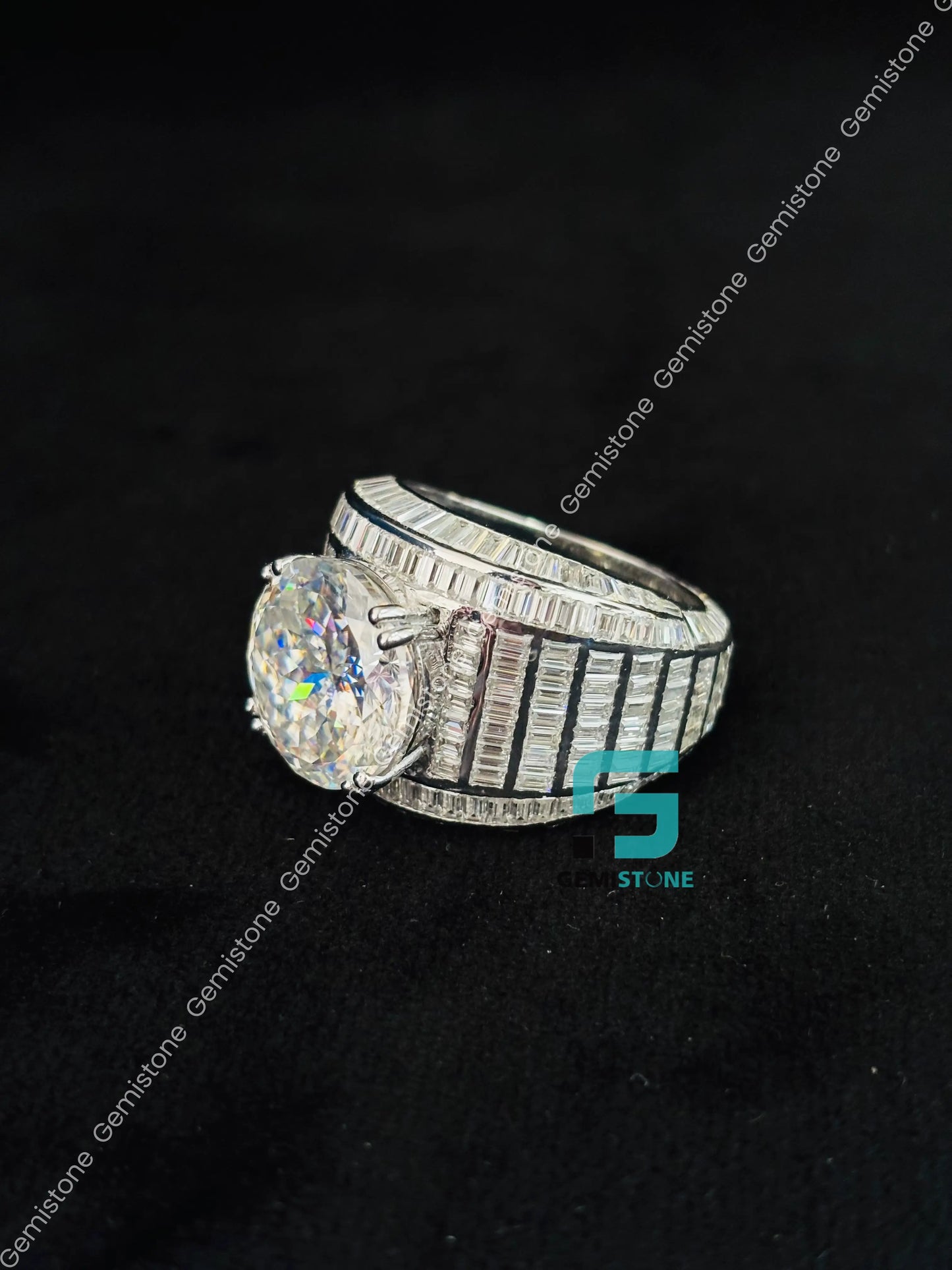 925 Silver Round_ Baguette Moissanite Hip Hop Ring