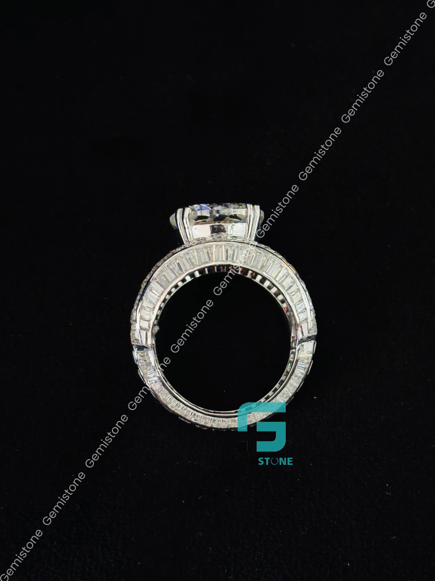 925 Silver Round_ Baguette Studded Moissanite Ring 