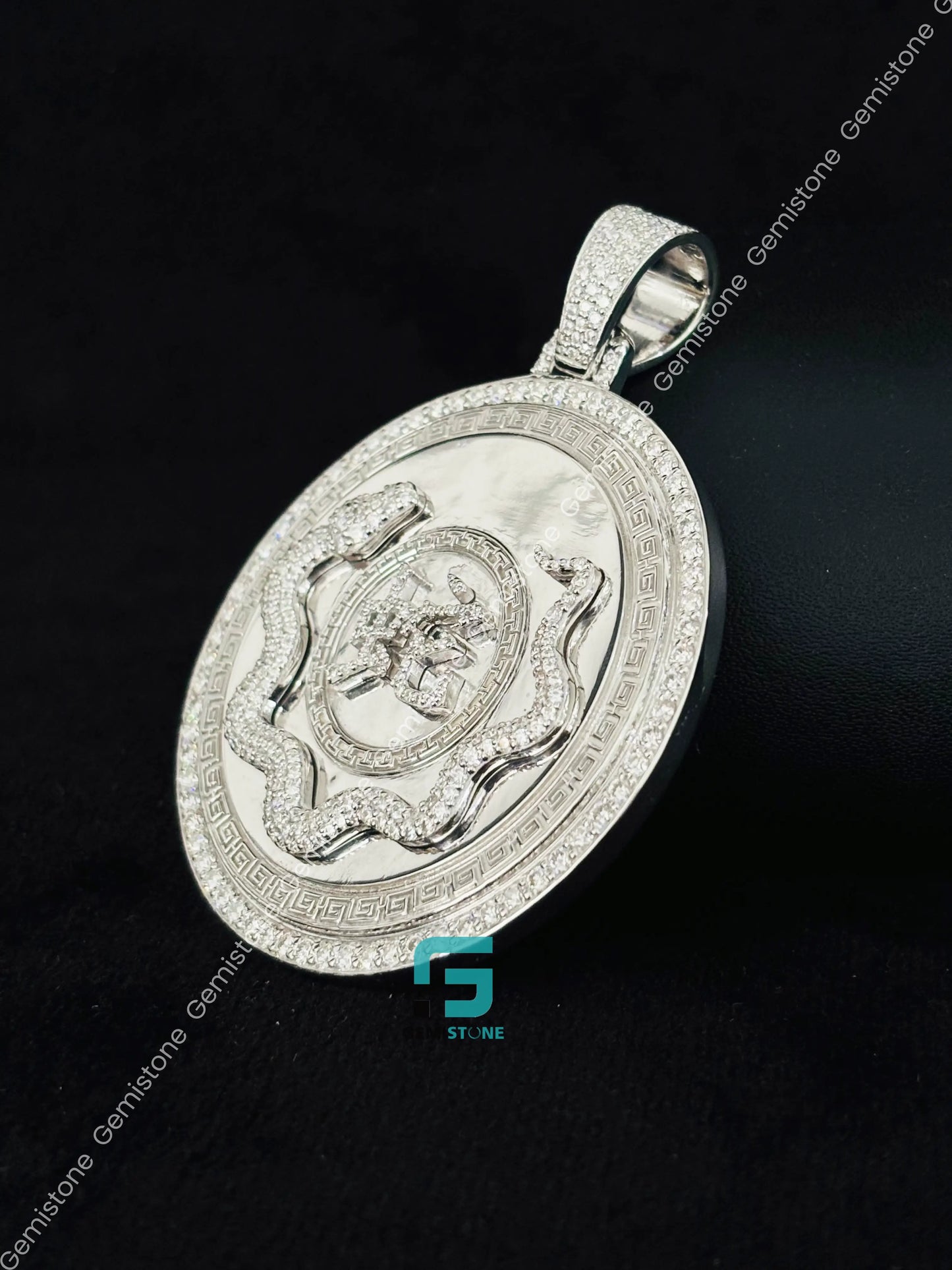 925 Stereling Silver Iced Out Moissanite Snake Shape Disk Pendant 
