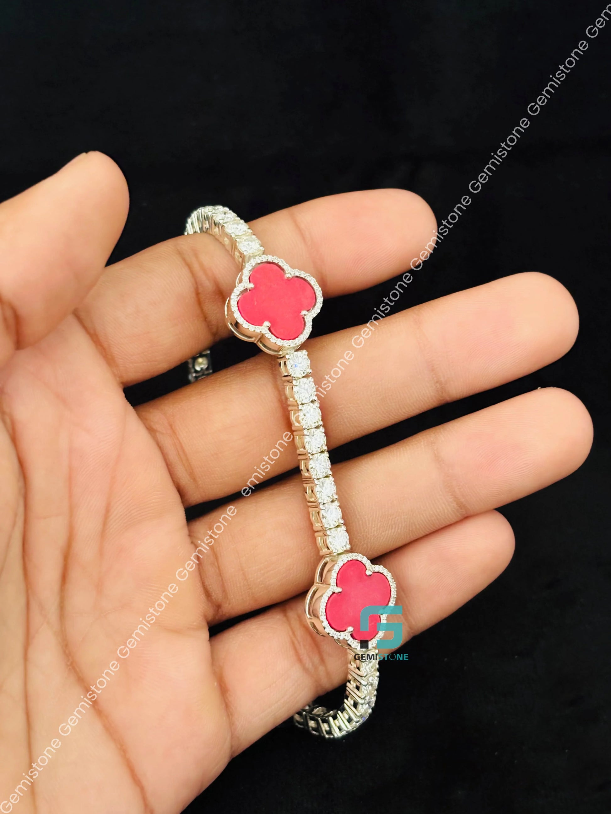 925 Sterling Pink Clover Moissanite Bracelet
